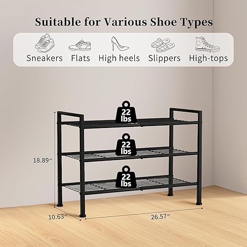 Miniatura 3 de Zapatero de 3 niveles para armario, organizador de almacenamiento de zapatos de metal ajustable para entrada, dormitorio, dormitorio, estante