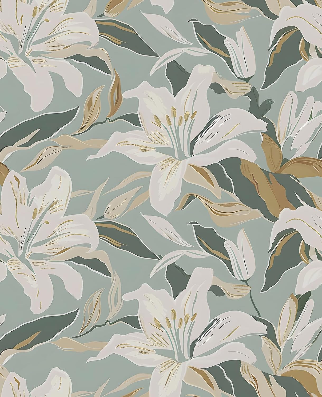 Floral Wallpaper Peel and Stick, Boho White Lily Flower Contact Paper for Bedroom Bookshelf Cubicle Cabinet, Waterproof Removable Vinyl Botanical Wall Paper Decor White Green 17.5" x 118"