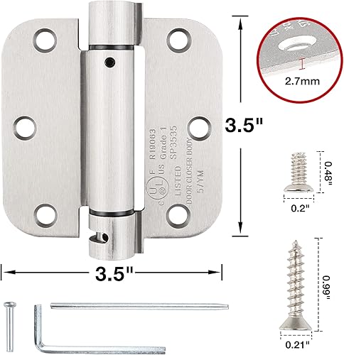 Miniatura 2 de Bisagras automáticas de cierre automático para puerta, níquel satinado de 3.5 pulgadas, bisagras de resorte de radio de 58 pulgadas, bisagras de 3