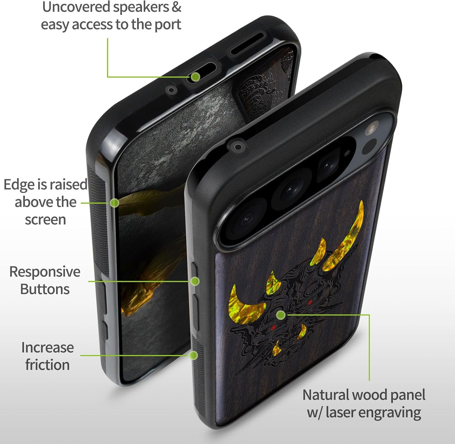 Carveit Magnetic Wooden Case for Pixel 9 Pro / 9 Pro Case, Wood Artisan Engraved & Handmade Shell Inlaid, Compatible with MagSafe Wireless Chargers, Japanese Oni Mask - Blackwood
