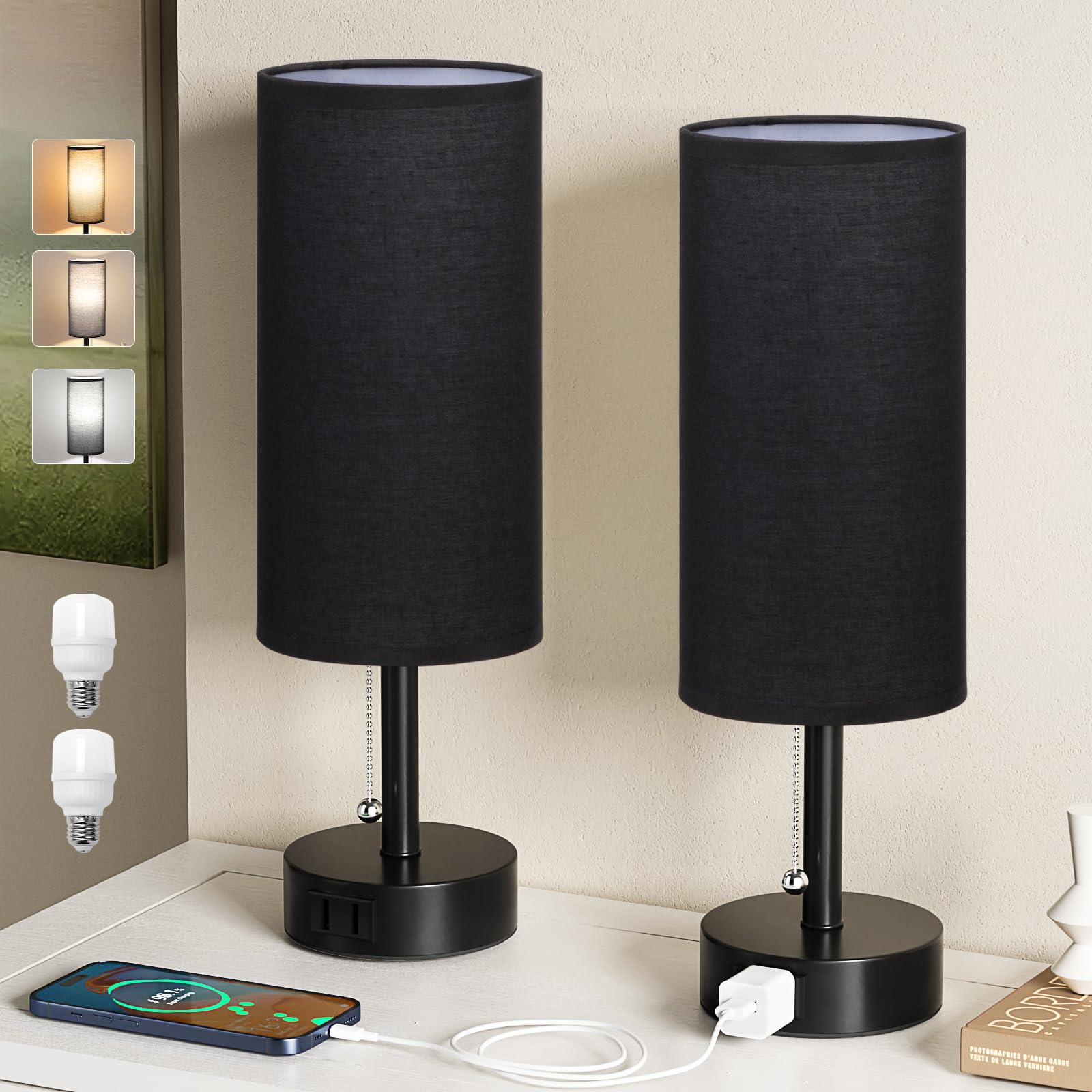 Fenmzee Black Bedside Table Lamps Set of 2-3 Color Temperatures Pull ...