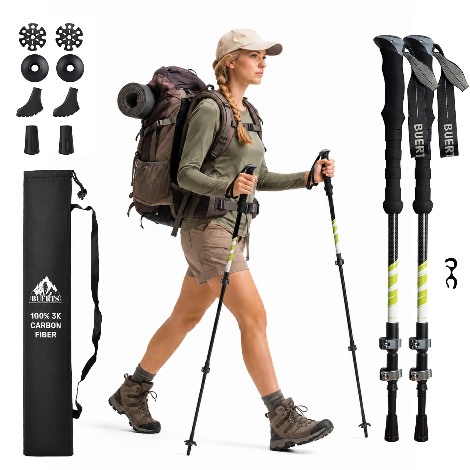 Bâtons de randonnée en Fibre de Carbone, Lot de 2, bâtons de Marche légers, réglables 64-135 cm, Pliables, bâtons de Nordic Walking pour Hommes et Femmes, adaptés au Camping et à la randonnée