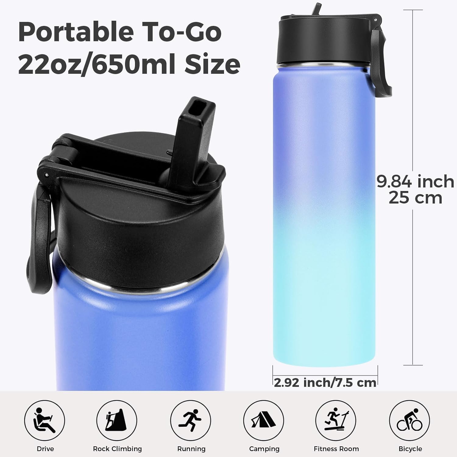 Neihepal 22 oz Insulated Water Bottle with Straw Lid, Double Walled Vacuum Stainless Steel Water Bottles Leak Proof, Wide Mouth (Purple Blue,1 Pack) - Image 2