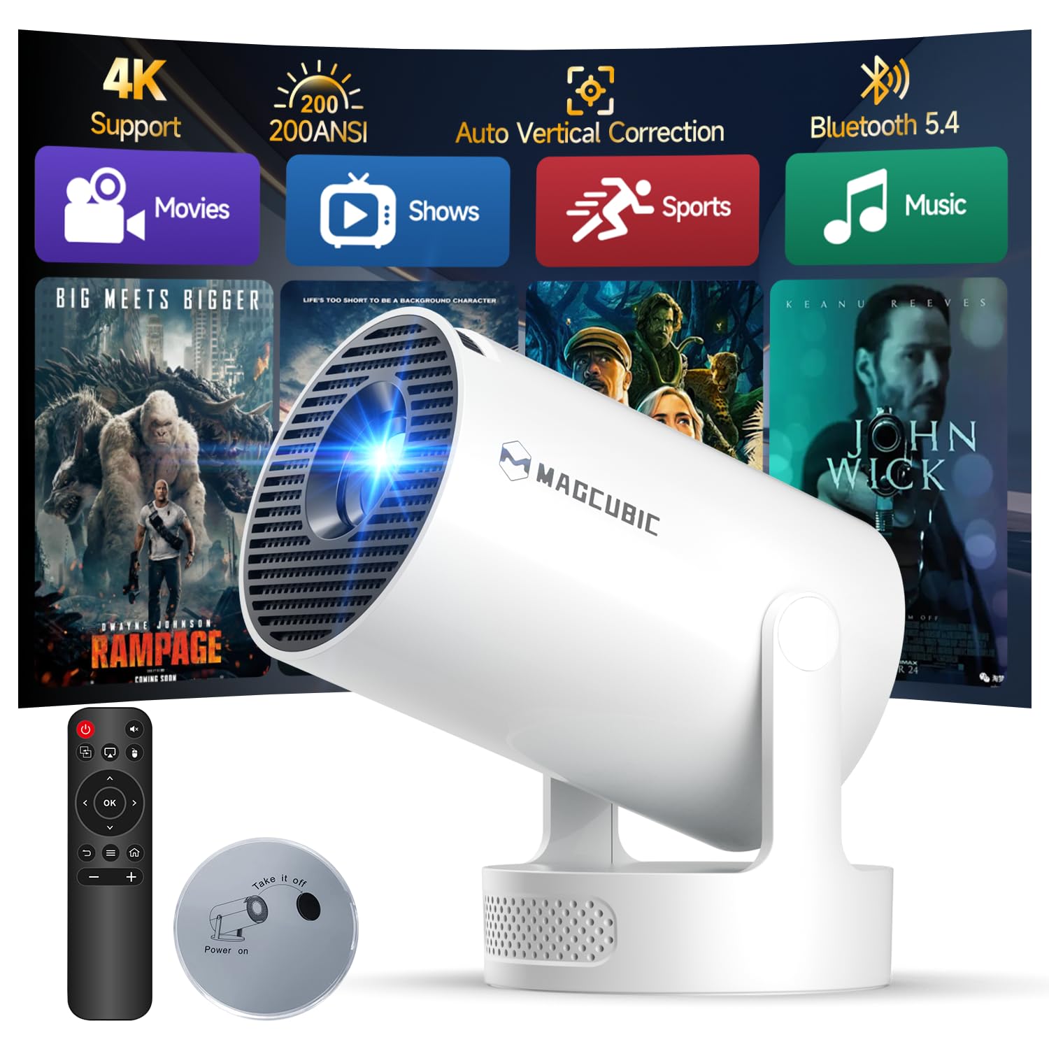 Magcubic Proiettore 4k HY300pro+ con Android 14 | Correzione Trapezoidale Automatica con WiFi 6 e Bluetooth 5.4, Rotazione a 180°, Altoparlante da 5 W