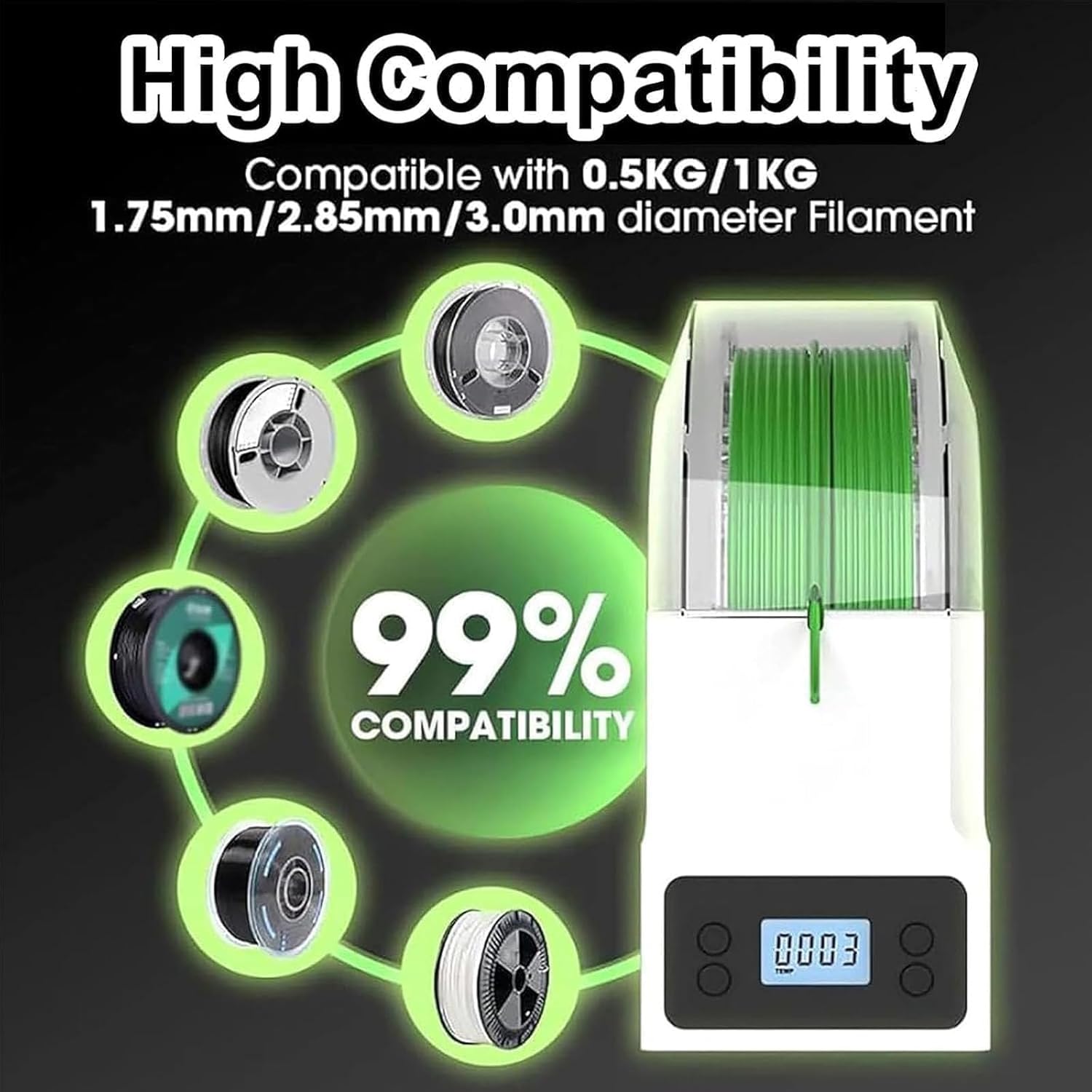3D Filament Dryer Box, 48W Filament Dehydrator with Adjustable 40/50/55℃ Temperature, Compatible with 1.75mm, 2.85mm, 3.00mm Filament, Easy to Use for Home and Studio