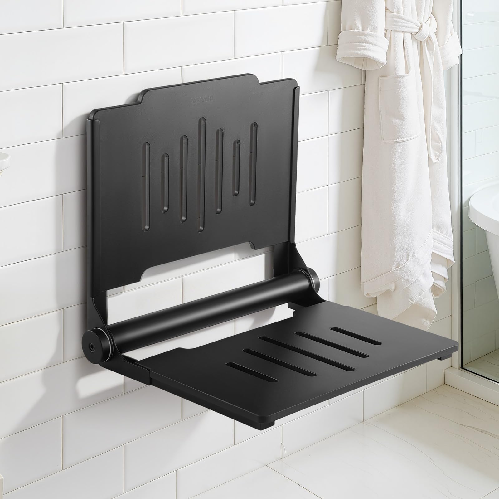VEVOR Asiento de Ducha Abatible Montaje en Pared, Silla de Ducha Plegable con Respaldo de Apoyo, Marco de Acero Inoxidable, Banco de Baño Capacidad de Carga de 180 kg, para Adultos, Mayores, Negro