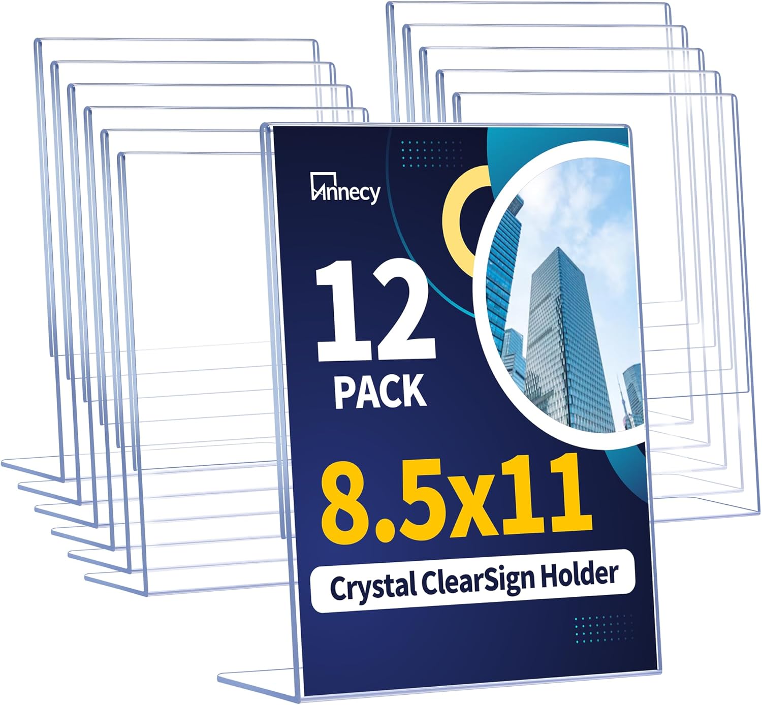 Annecy Sign Holder 8.5 x 11, 12 Pack, L Shape Plastic Clear Sign Stand for Display, Double-Sided, Slanted Back Design, Wide Use Plastic Material
