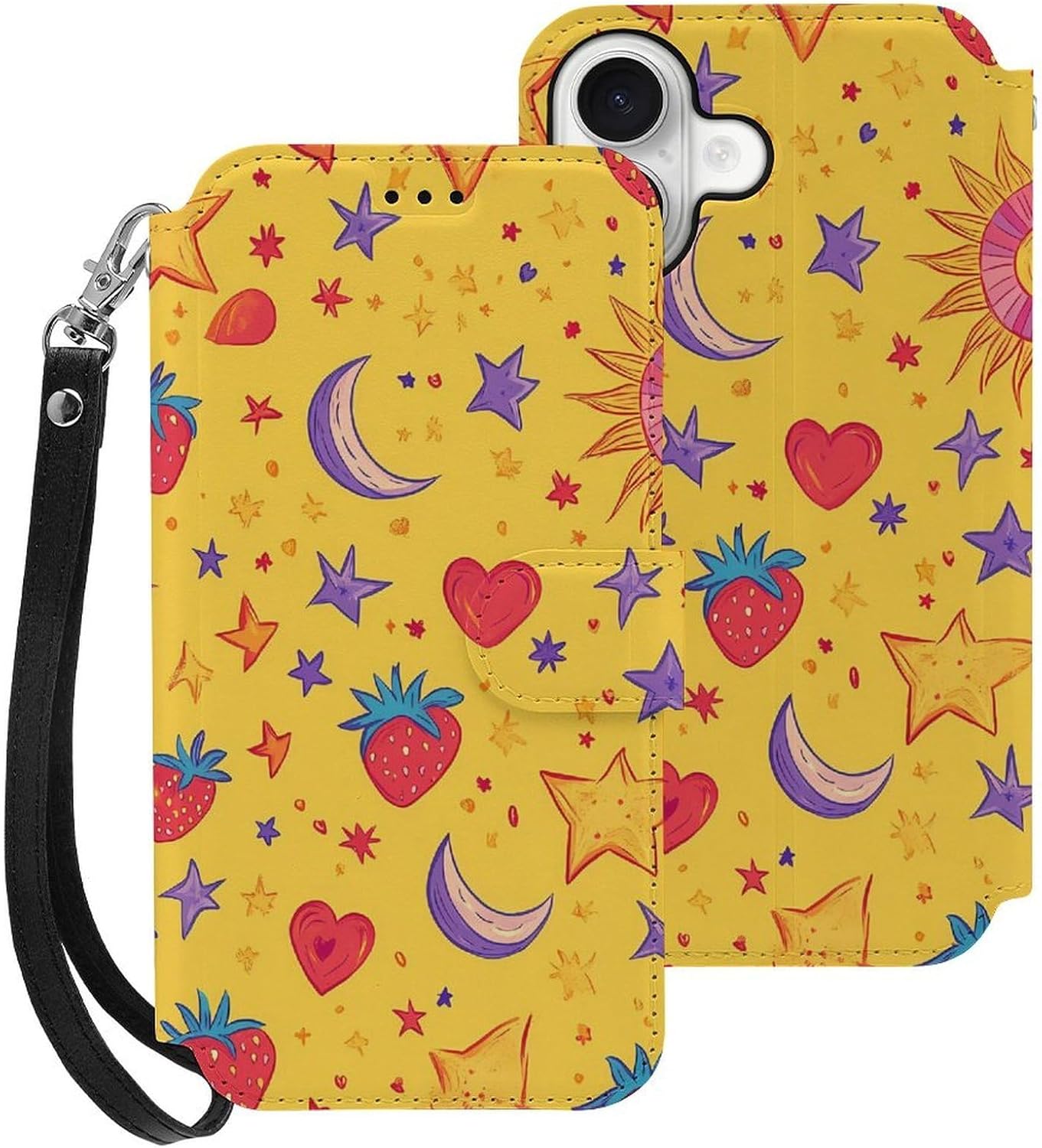 Vintage Celestial Moon Strawberry Compatible with iPhone 16/16 Plus/16 Pro/16 Pro Max/16 E Case Phone Wallet Card Holder Flip Cover with Wrist Strap