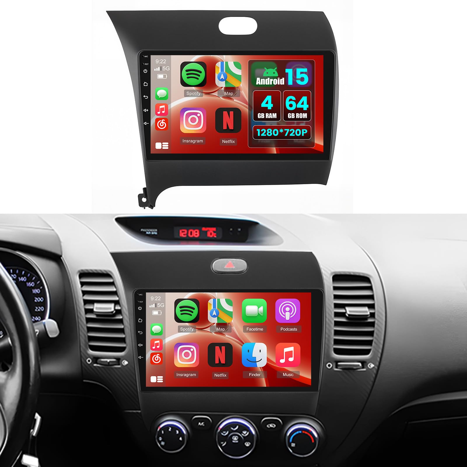 4G+64G Car Radio for Kia Forte Cerato K3 2013-2018, 9'' IPS Touchscreen Stereo Android 15 Wireless Carplay Android Auto 32EQ 5G WiFi 1080P Bluetooth +