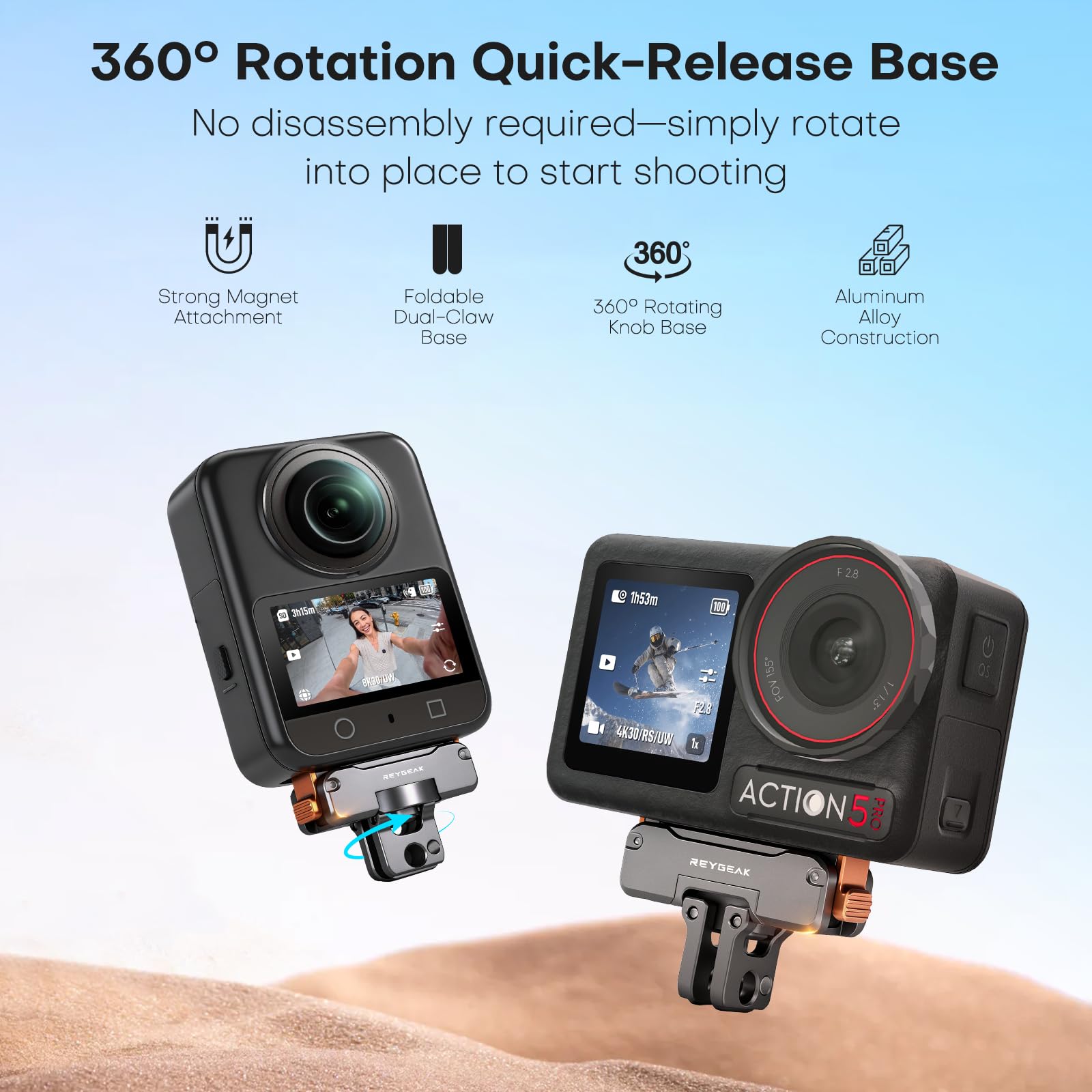 REYGEAK 360° drehbar magnetische Aluminium-Schnellspanner-Halterung für DJI Action 6/Nano/Action 5/4/3, Aluminium CNC geschnitzt magnetische Adapterhalterung mit 1/4-Zoll-Schrauben (für Action 5/4/3) - 2