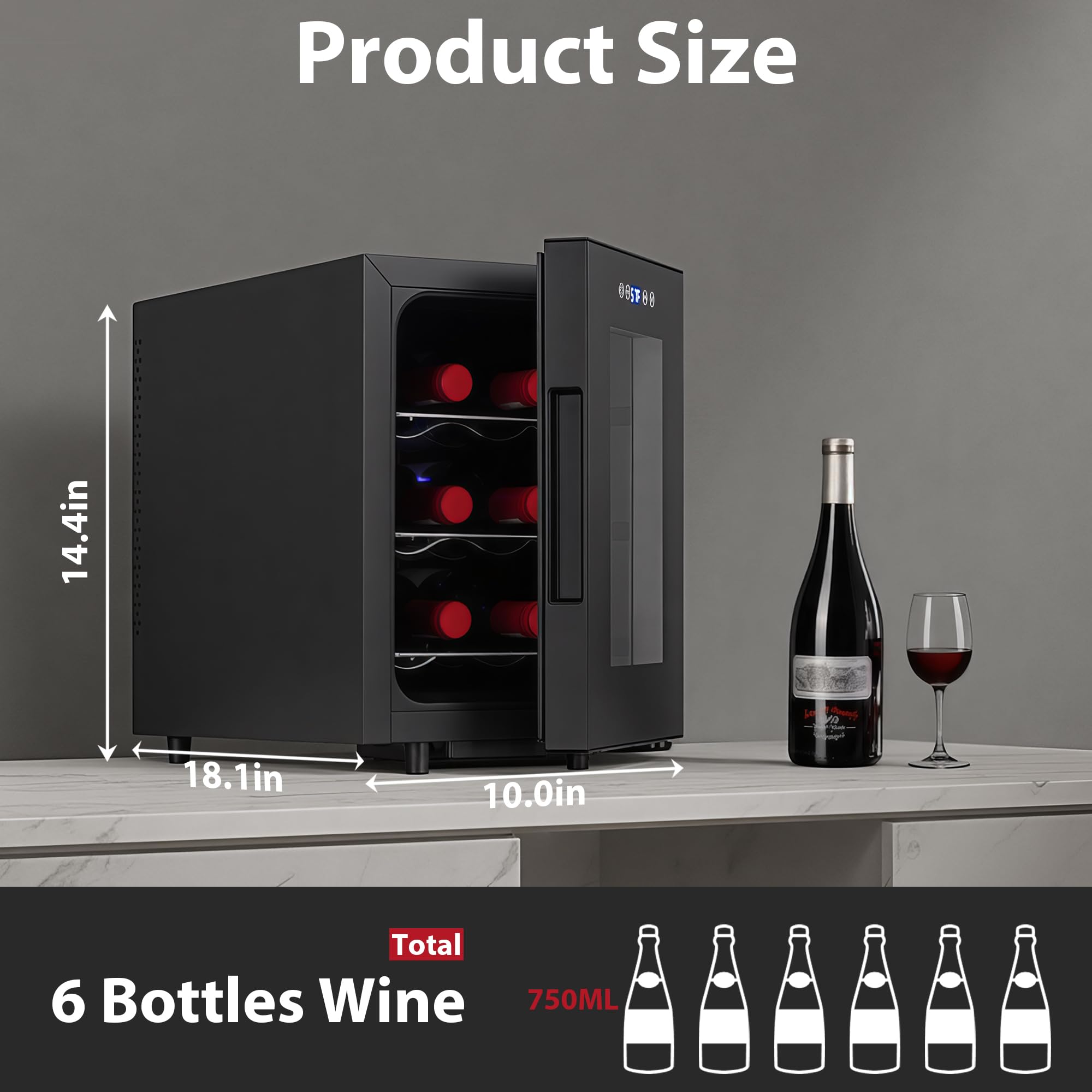 Iceblue Wine Fridge, Digital Temperature Control White & Red Wine 6 Bottle Wine Cooler With Wine Rack, Champagne Wine Cooler Refrigerator For Bar, Home,Kitchen,Gift (Black) on Fridge.com - View 2