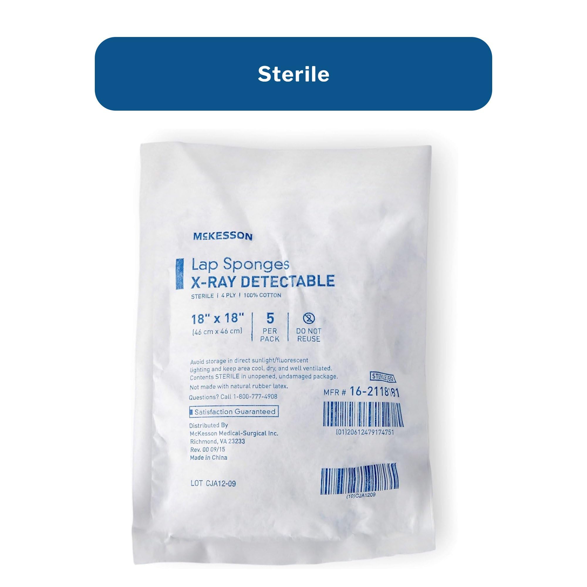 McKesson Esponjas de regazo, esponja de laparotomía detectable por rayos X, estéril, 18 x 18 pulgadas, 5 por paquete, 40 paquetes, 200 en total