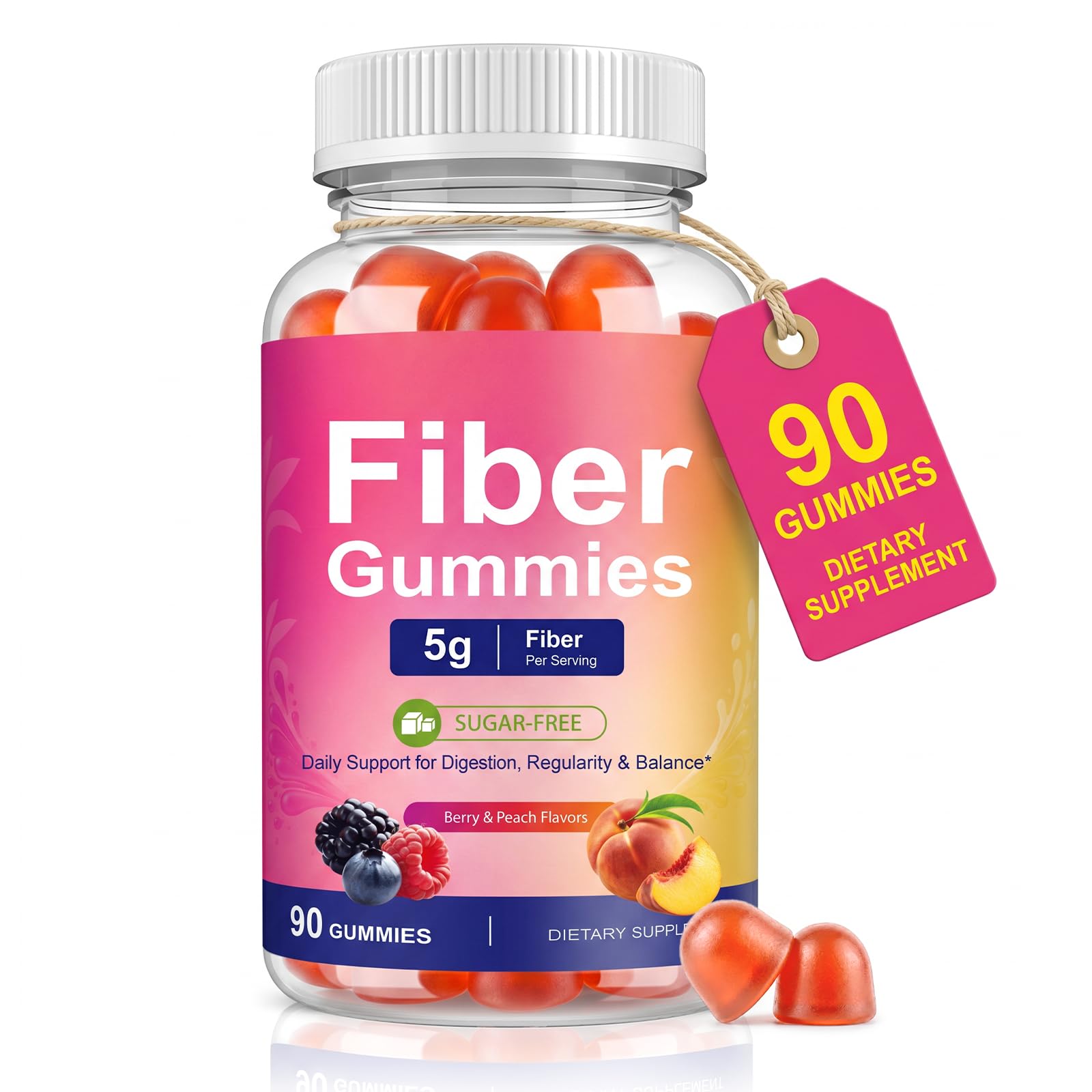 Prebiotic Fiber Gummies for Adults 90 Count, Sugar Free 5g Fiber Supplement with B Vitamins for Digestive Health, Gut Health & Regularity Support, Mixed Berry & Peach Flavor, Vegan, Gluten-Free