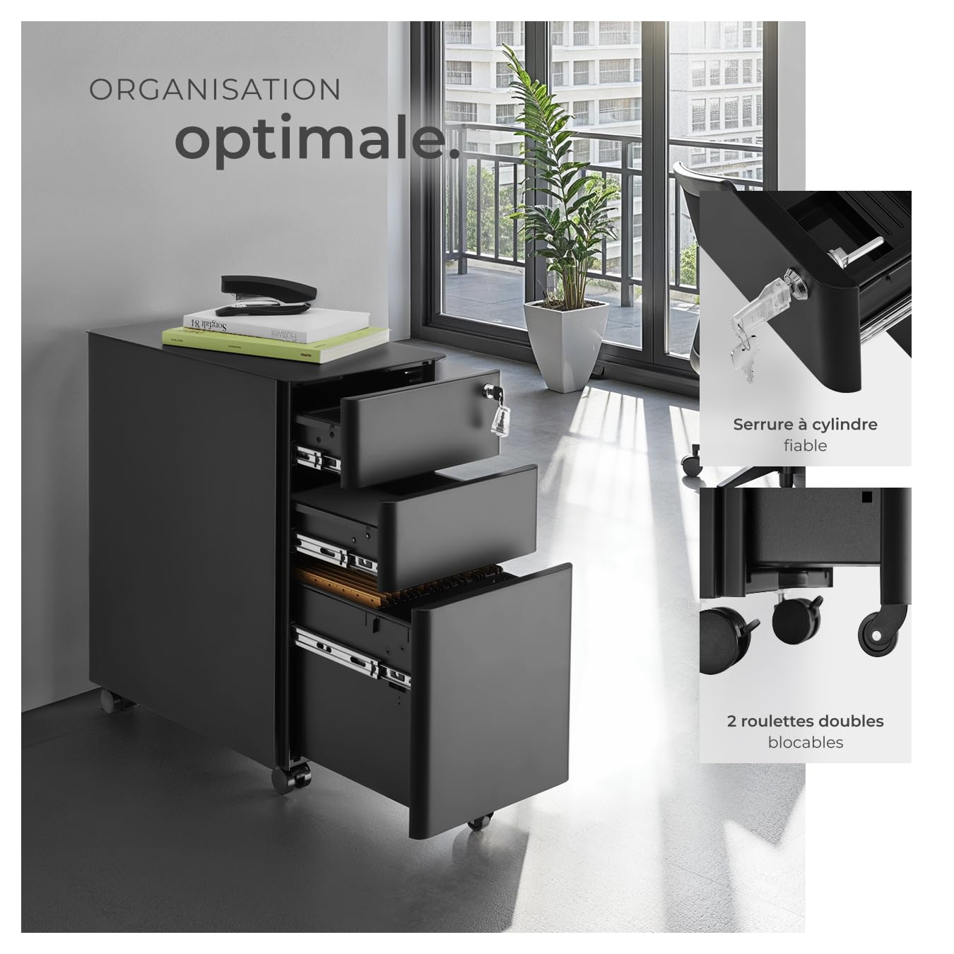tectake® Caisson Bureau Meuble de Rangement Armoire de Bureau métallique Industriel 30x50x59,5 cm Verrouillable Meuble tiroir Rangement Bureau avec 3 Tiroirs pour Rangement Papier administratif