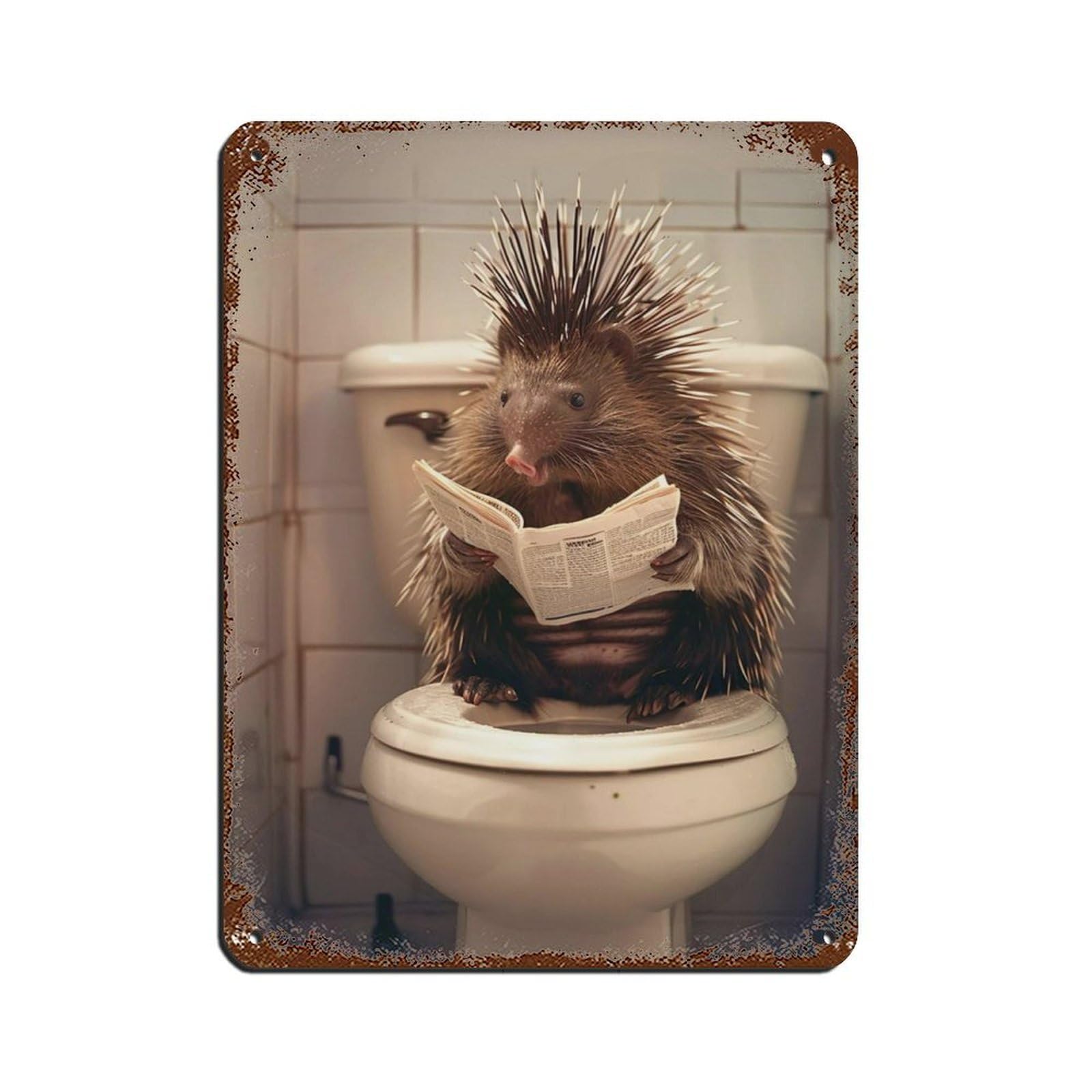 Porcupine Sitting on The Toilet Reading A Newspaper (7) Retro Poster Metal Tin Sign Chic Art Retro Iron Painting Bar People Cave Cafe Family Garage Poster Wall Decoration 12x16inch(30x40cm)