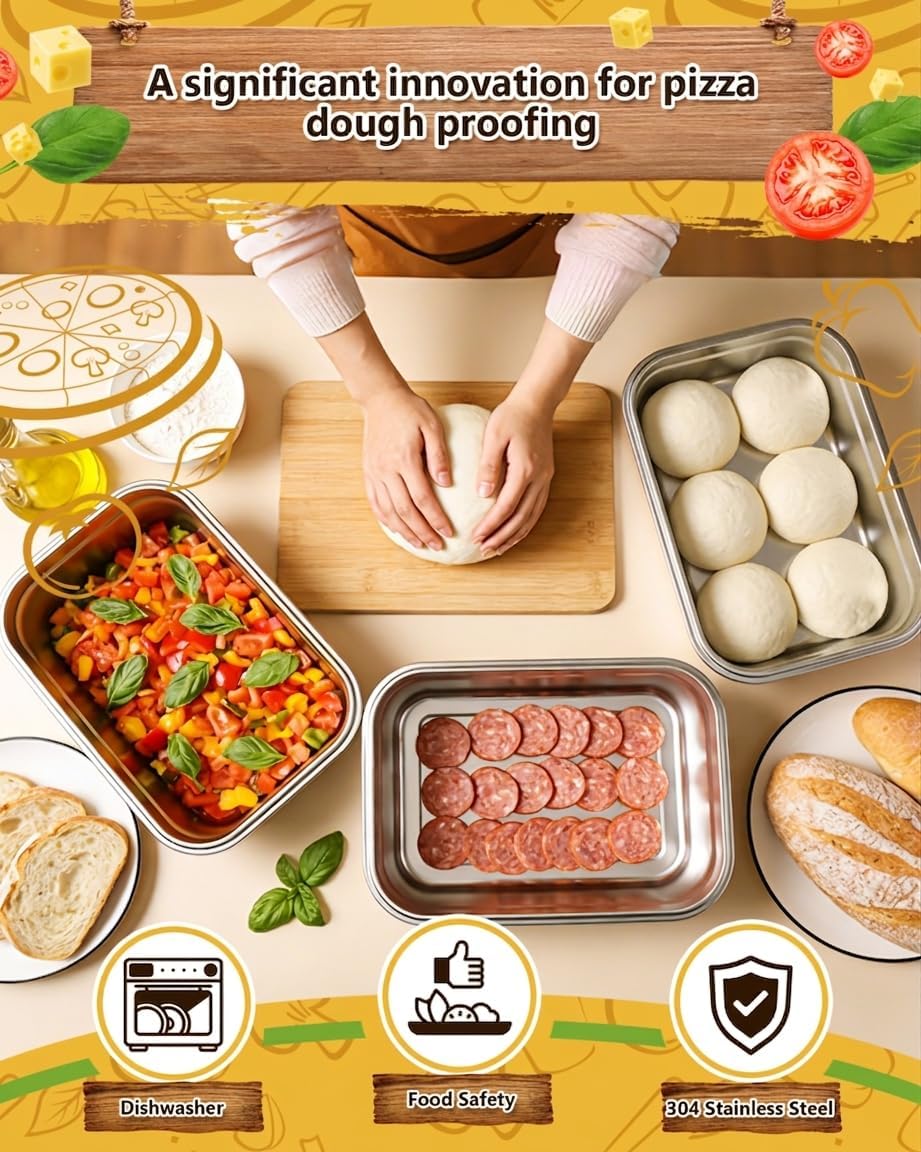 Pizza Dough Proofing Box Set of 2, 10L Stainless Steel Proofing Container with Clear Airtight Lid, Stackable Fermentation Storage for Dough Balls & Bread, Includes Cutter