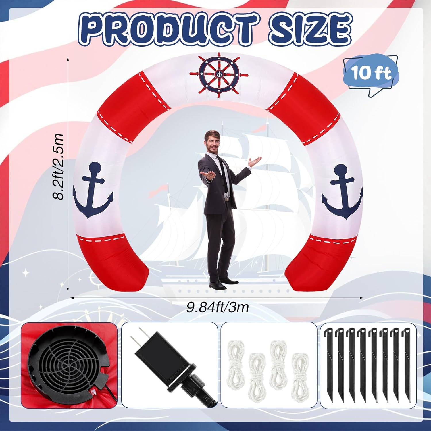 Gilprop 10 ft Nautical Party Inflatable Decorations with Build-in LEDs Blow up Arch Kit Outdoor Inflatable Archway Decorations for Yard Lawn Garden Party Decor