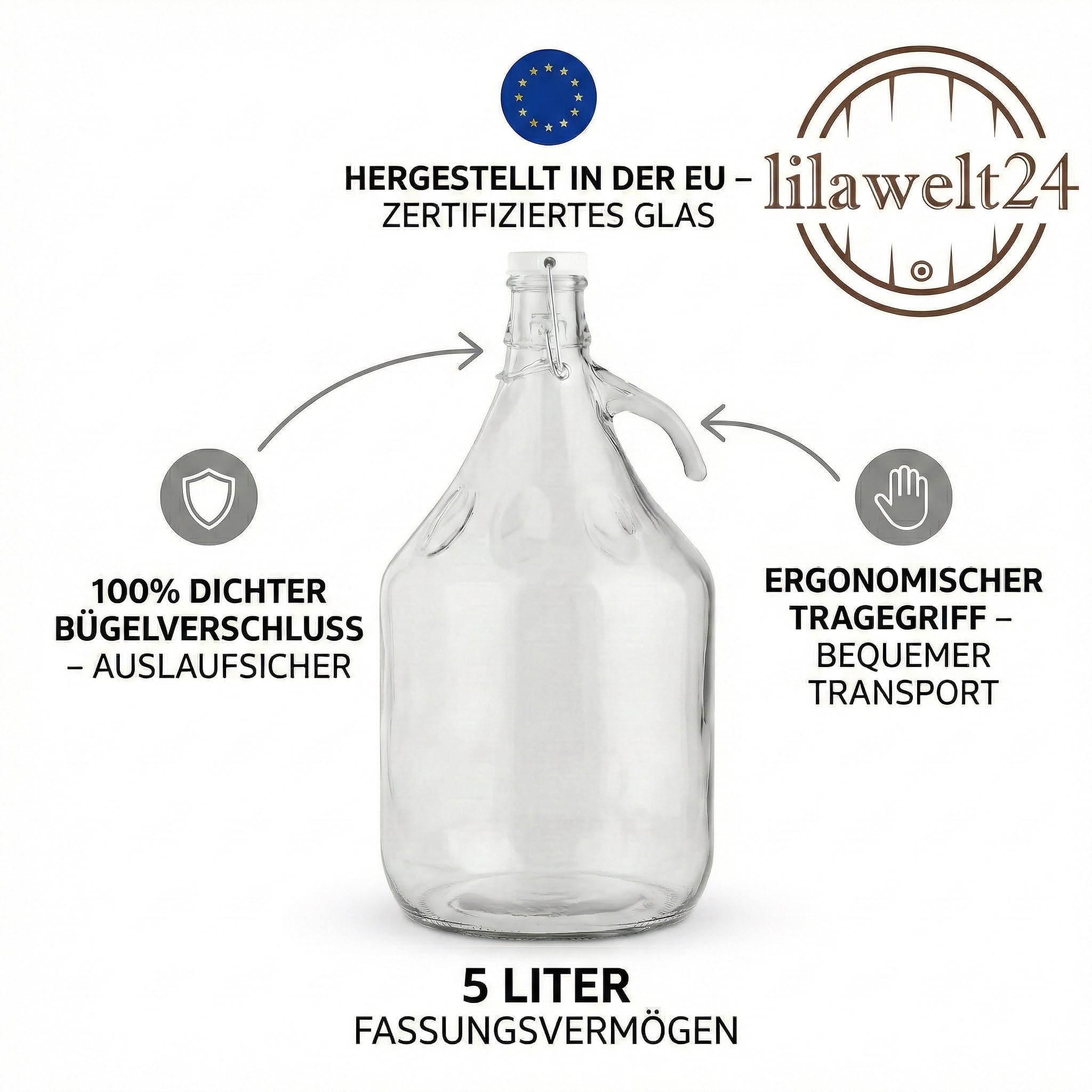 lilawelt24 6 x 5L Glasballon (Gallone) mit Bügelverschluss & Henkel - Glasflasche für Wein, Gärung, Saft, Likör & Einmachen
