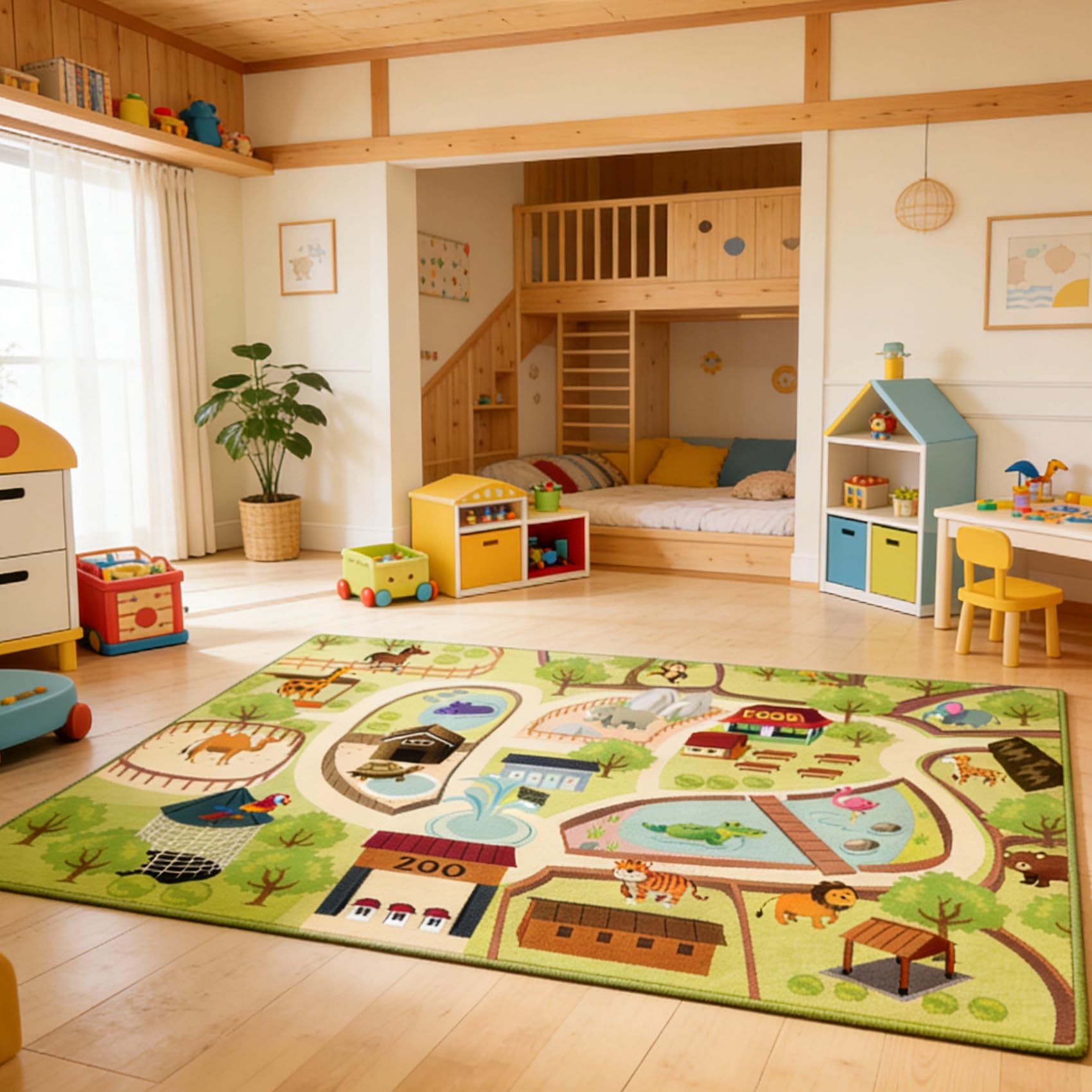 Kinder Teppich Spielteppich Straßen Maschinenwaschbar Kurzer Flor Pädagogischer Spielteppich， rutschfest Autoteppich Junge Mädchen für Schlafzimmer & Spielzimme (Zoo, 100x200 cm)