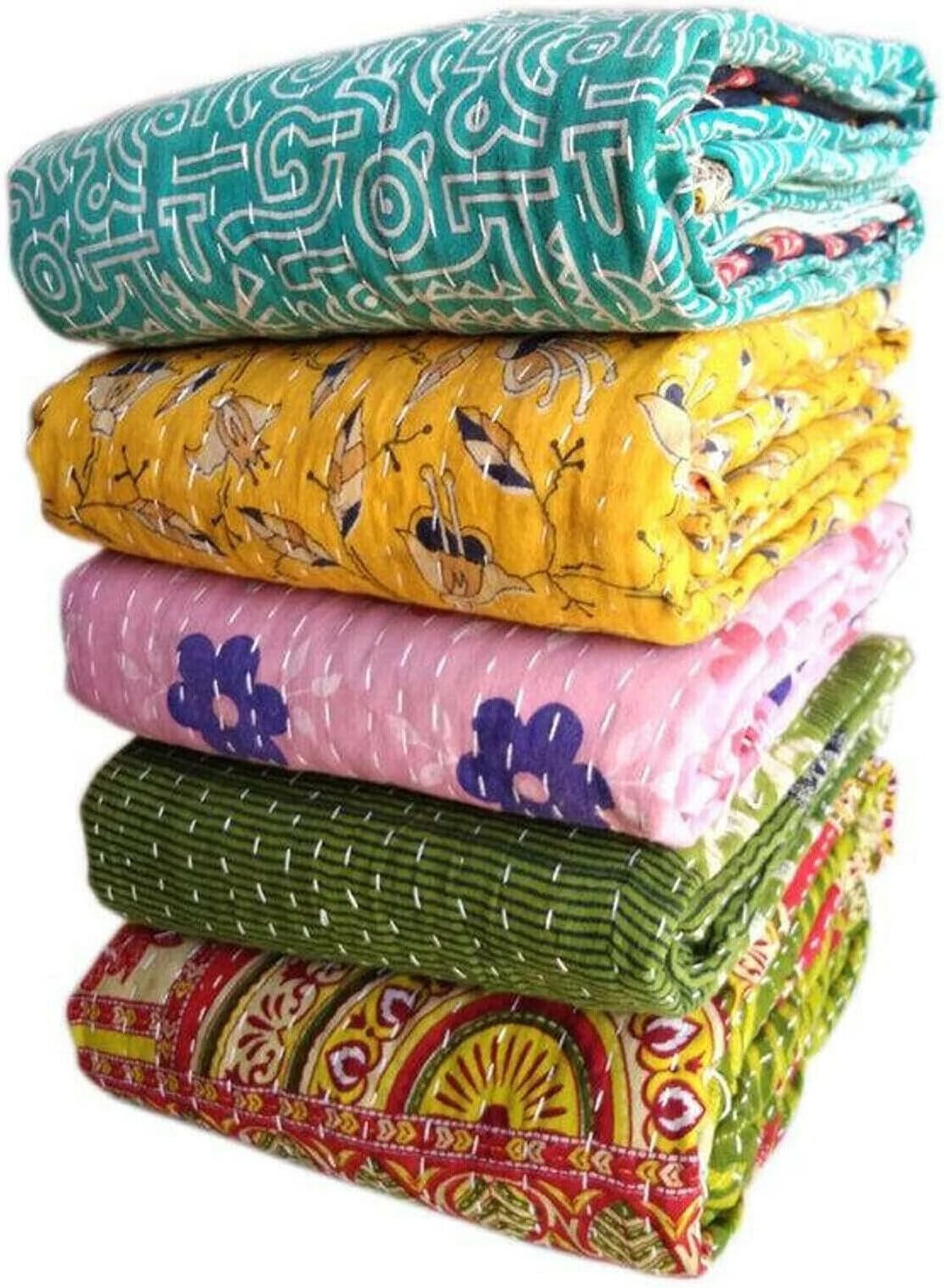 Indian Vintage Reversible Handmade Blanket Kantha Throw Hippie Bohemian Cotton Saree Made Assorted Kantha Bedspread Rally Quilt (1 Quilt)