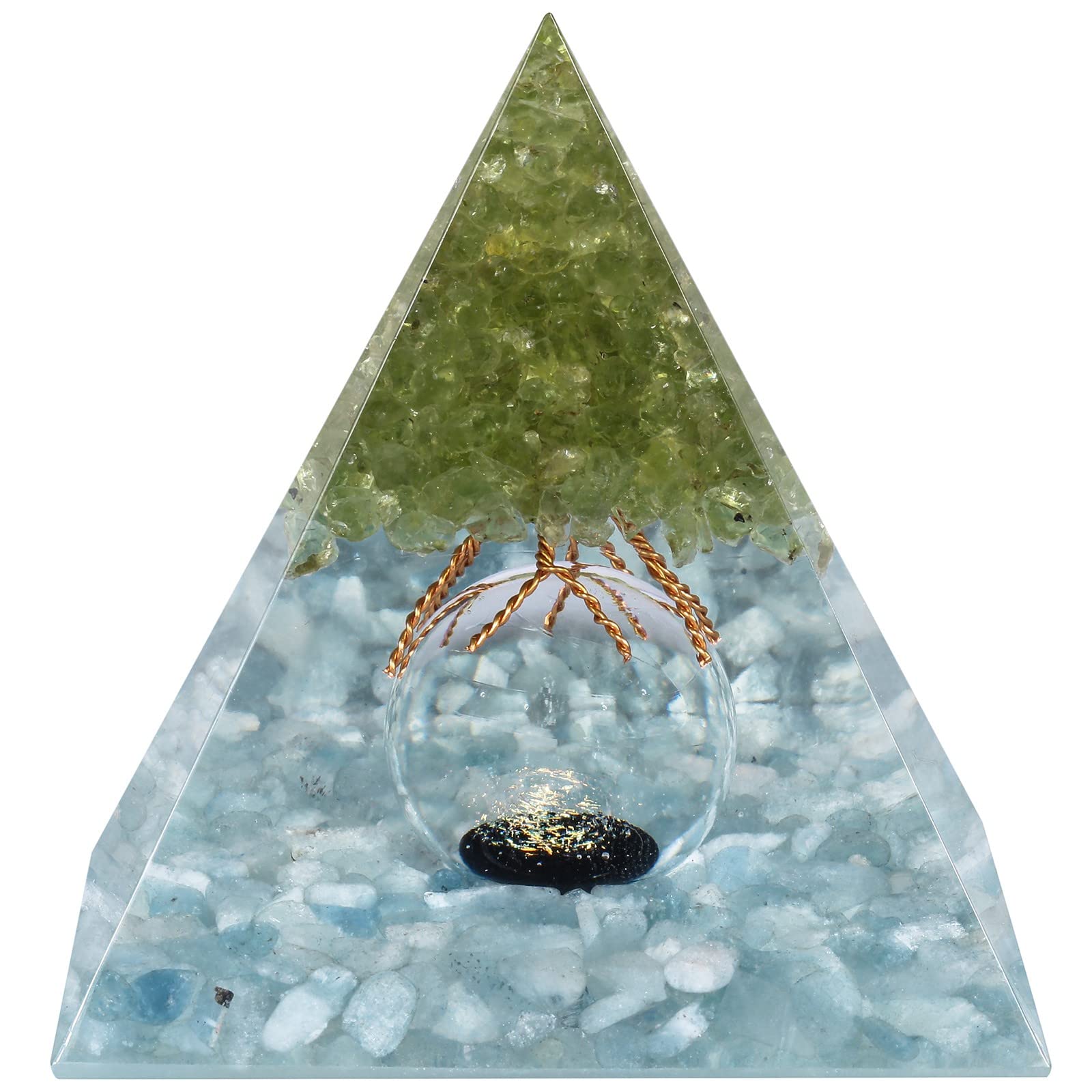 NupuyaiTree of Life Orgone Crystal Pyramid for Meditation Spiritual Healing, Energy Generator Stone Pyramid with Crystal Sphere for Home Office Decor, Olivine and Aquamarine