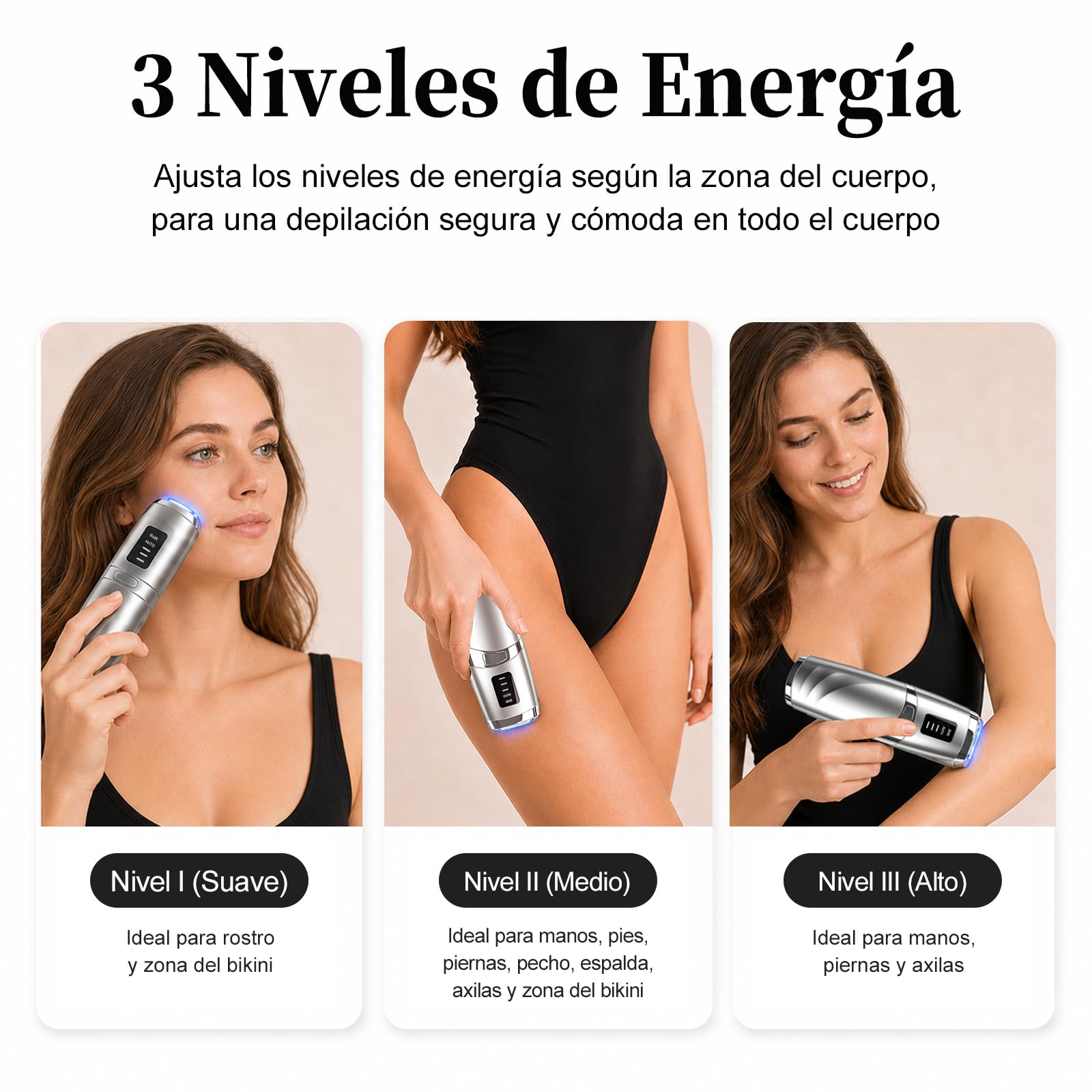 Depiladora Luz Pulsada, Depiladora Laser sin Dolor, 3 Niveles de Energía, 999,999 Flashes Laser Depilacion, Luz Pulsada Depilacion para Mujer y Hombre, Bikini, Axilas, Cara, Cuerpo