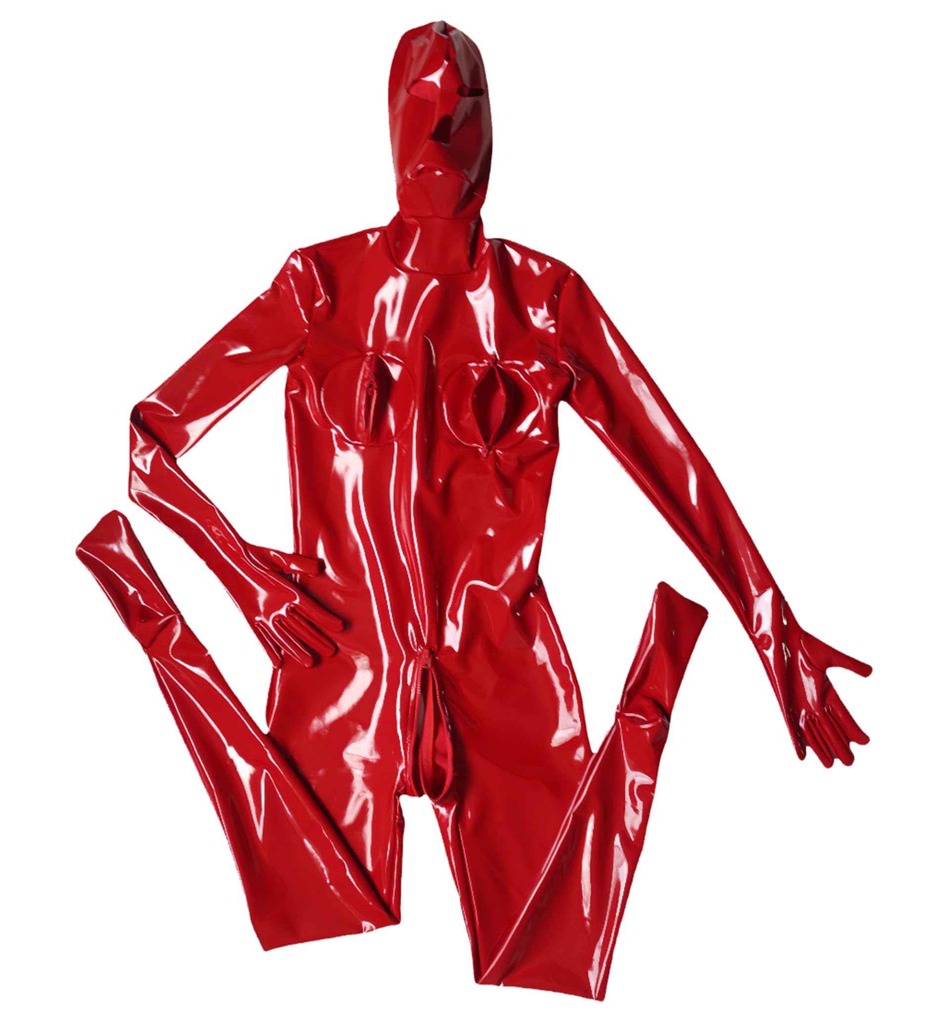 Generisch Damen Sexy Spiegellack Latex/Ammoniak Catsuit Lässig Vollständig Bedeckend Reißverschluss Korsett Handgelenkstrümpfe Bodysuit DS Nachtclub Bühne Kostüm