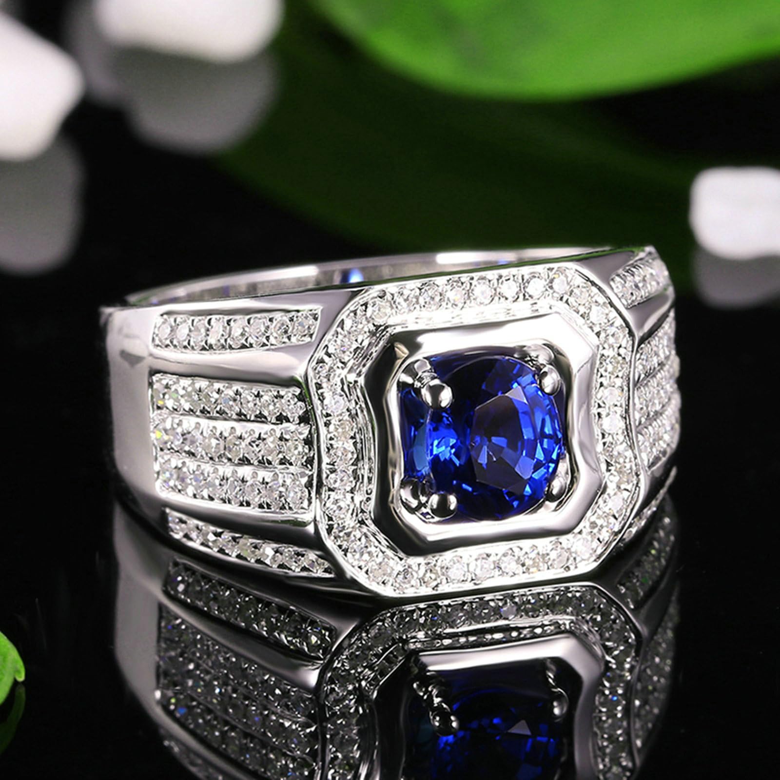 Anelli Fidanzamento Uomo Oro Bianco 9K, Anello di Matrimonio Uomo Largo Lusso Zaffiro Sintetico Rotondo da 1ct e Moissanite da 0.59ct Anelli per Fidanzato, Sposo Oro Bianco