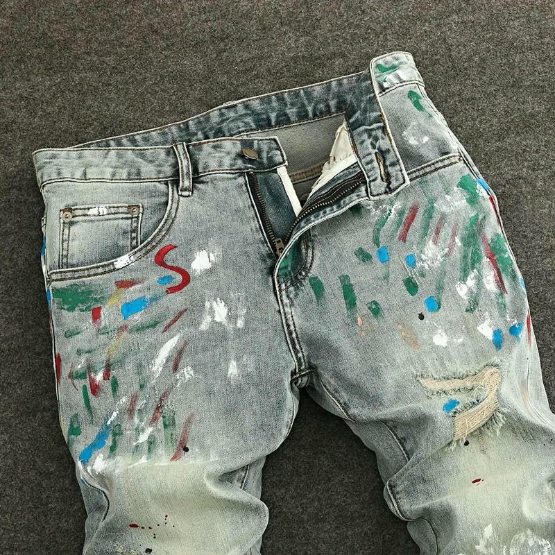 Street Men's Jeans Retro Washed Blue Stretch Slim Fit Ripped Jeans Men Painted Vintage Denim Pencil Pants3