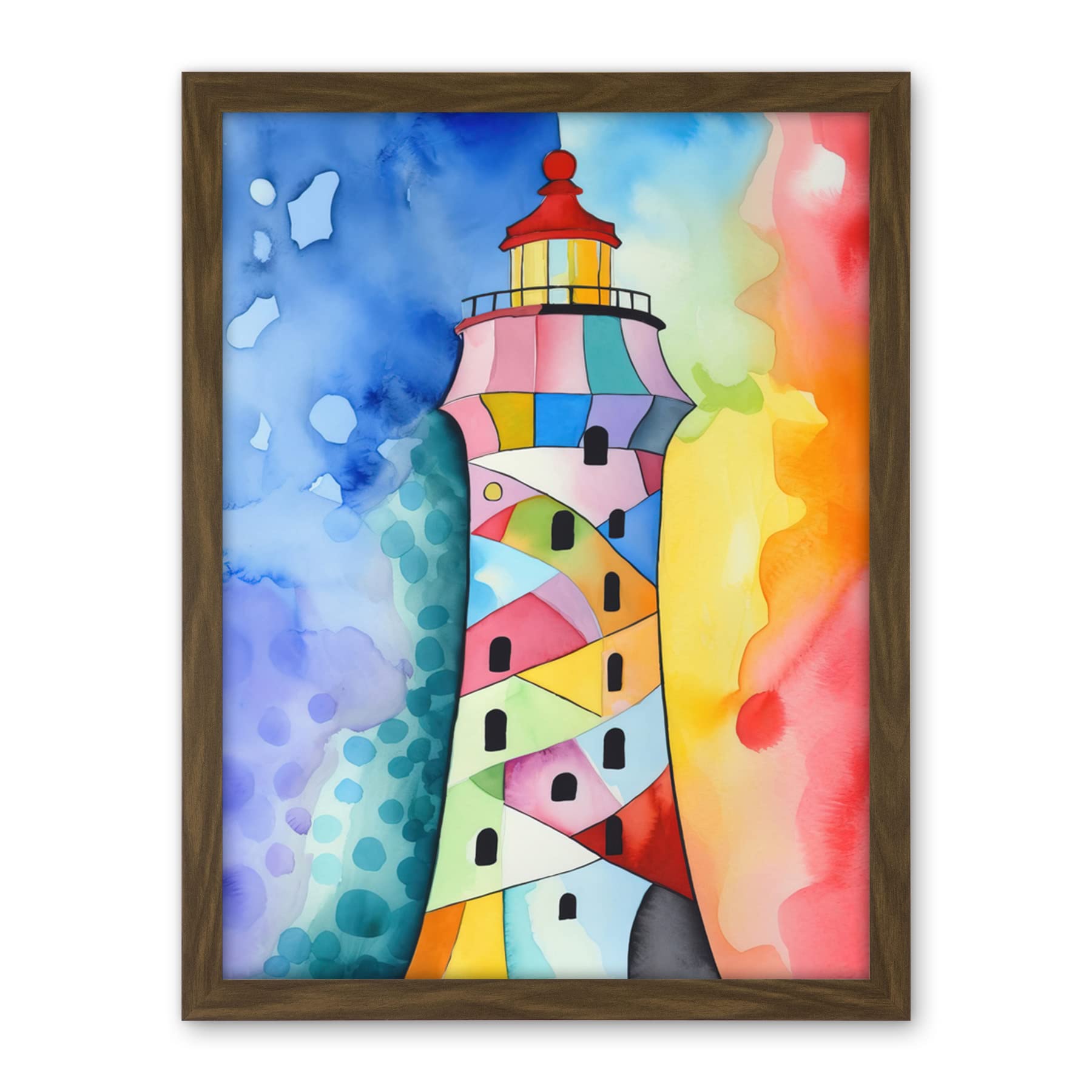 Artery8 Lighthouse Concept With Rainbow Colour Sky Folk Art Watercolour Painting Artwork Framed Wall Art Print 18X24 Inch