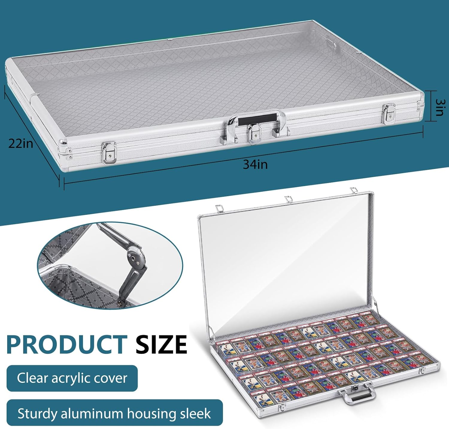 Aluminum and glass display cases for cards, XL large desktop display case with lock, portable trade show case for jewelry MTG card collector cards.