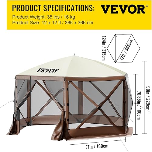 Miniatura 8 de VEVOR Quick-Set Escape - Tienda de campaña portátil de 6 caras de 12 x 12 pies para acampar al aire libre, refugio con ventanas de malla, bolsa de