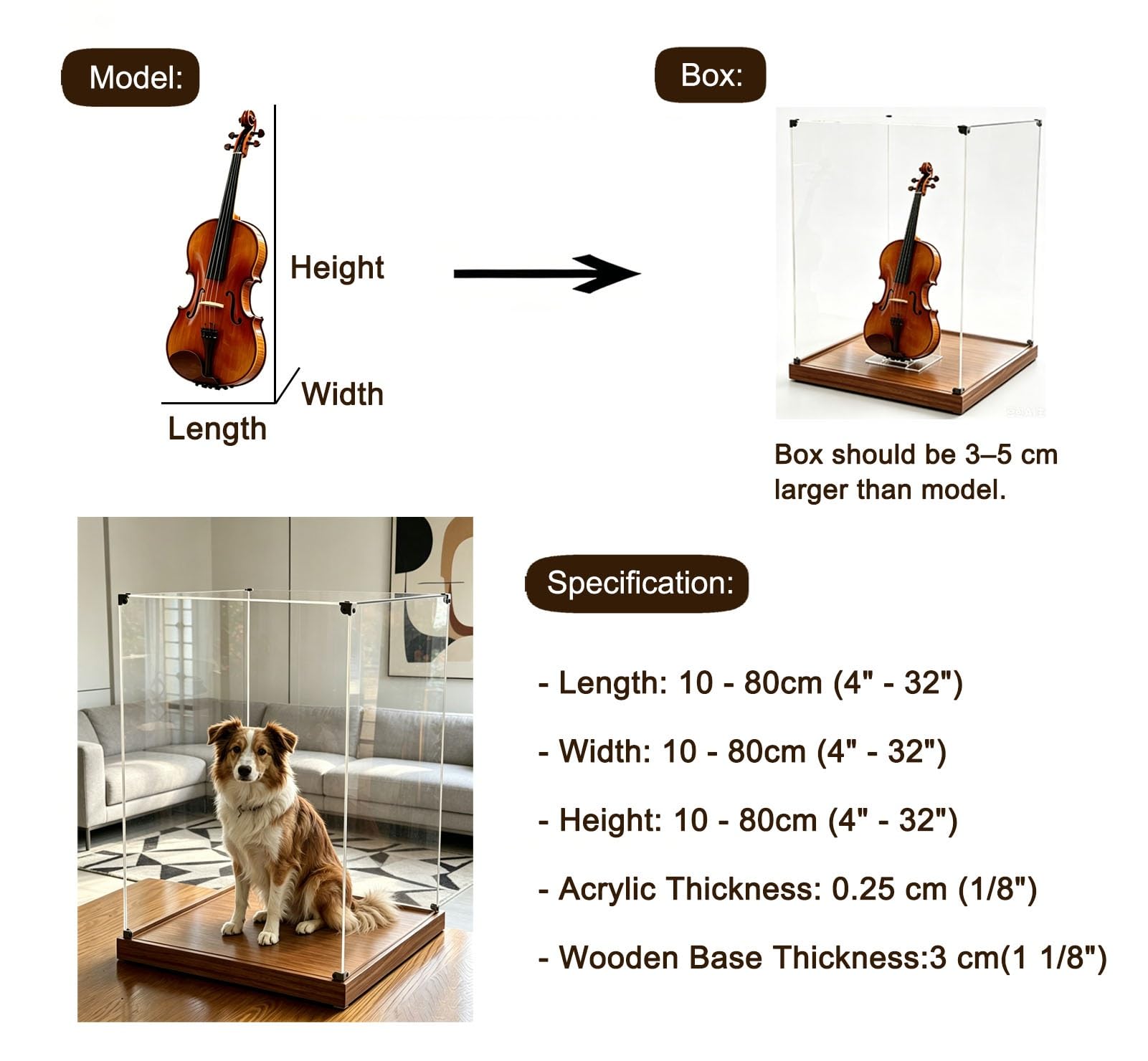 Teca Plexiglass Vetrina per Miniature Diorama, Base in Legno, Vetrina | Scatola da Appoggio in Acrilico con Base in Legno, Organizer Lungo 15 30 35 45 50 55 60 70 80 cm, Mobile per Opere D'arte