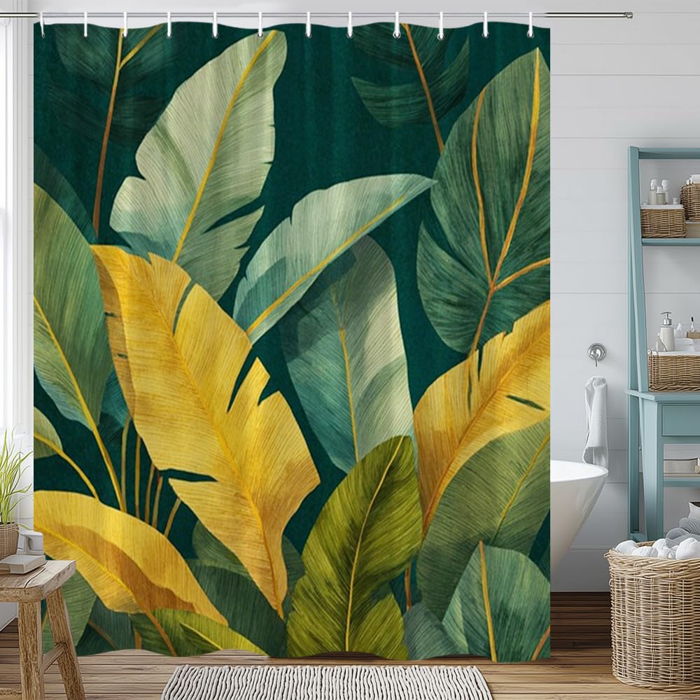GLWDMB 1 Piece 90x180CM Green And Yellow Botanical Pattern Printed Shower Curtain With Hook, Polyester, for Windows And Walls, Bathtub, Bathroom, Machine Washable, All Season Universal