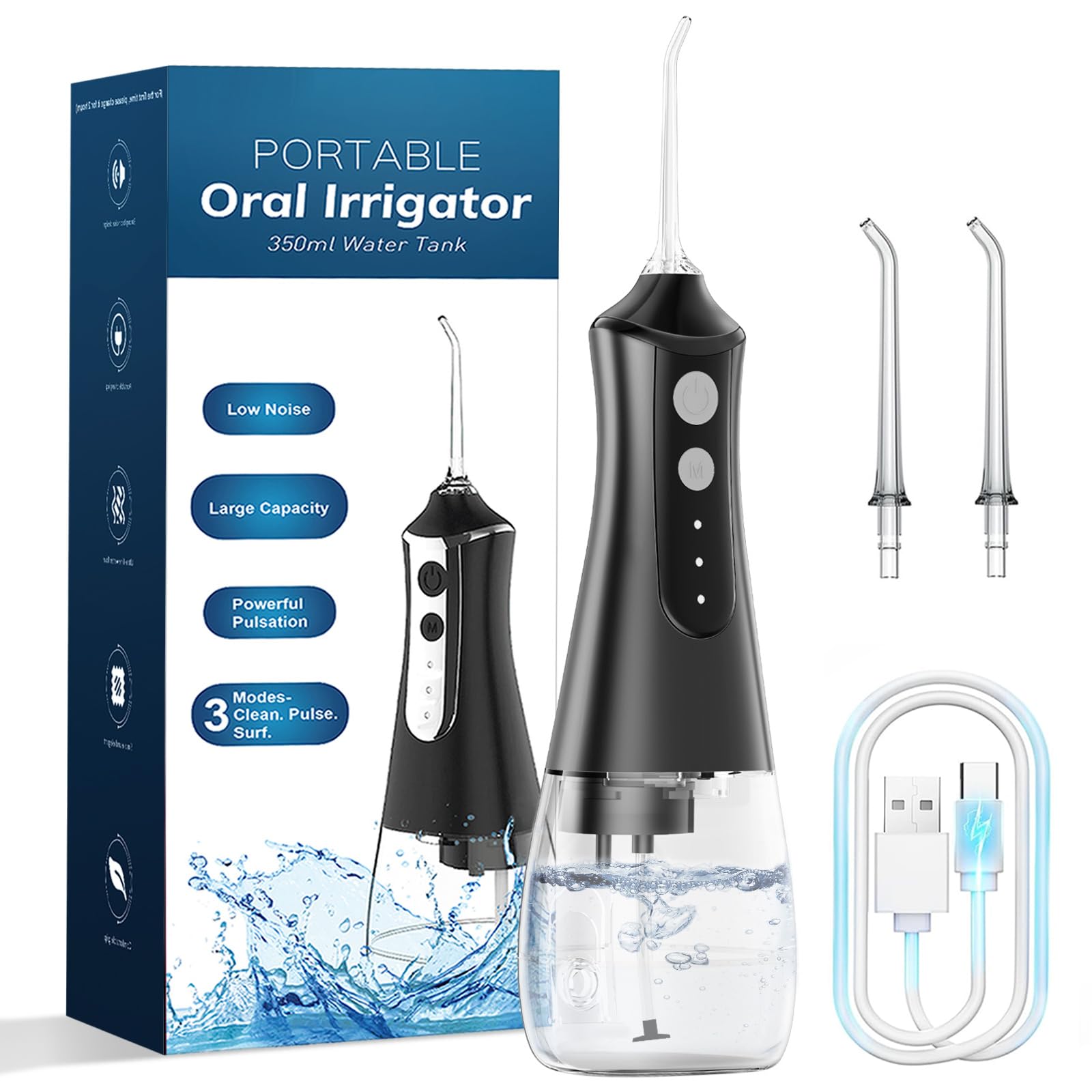 Water Flosser for Teeth Cordless & Oral Irrigator Dental Flosser, 350ML Portable flossers for Teeth Care Home Use and Travel, 3 Modes, Black
