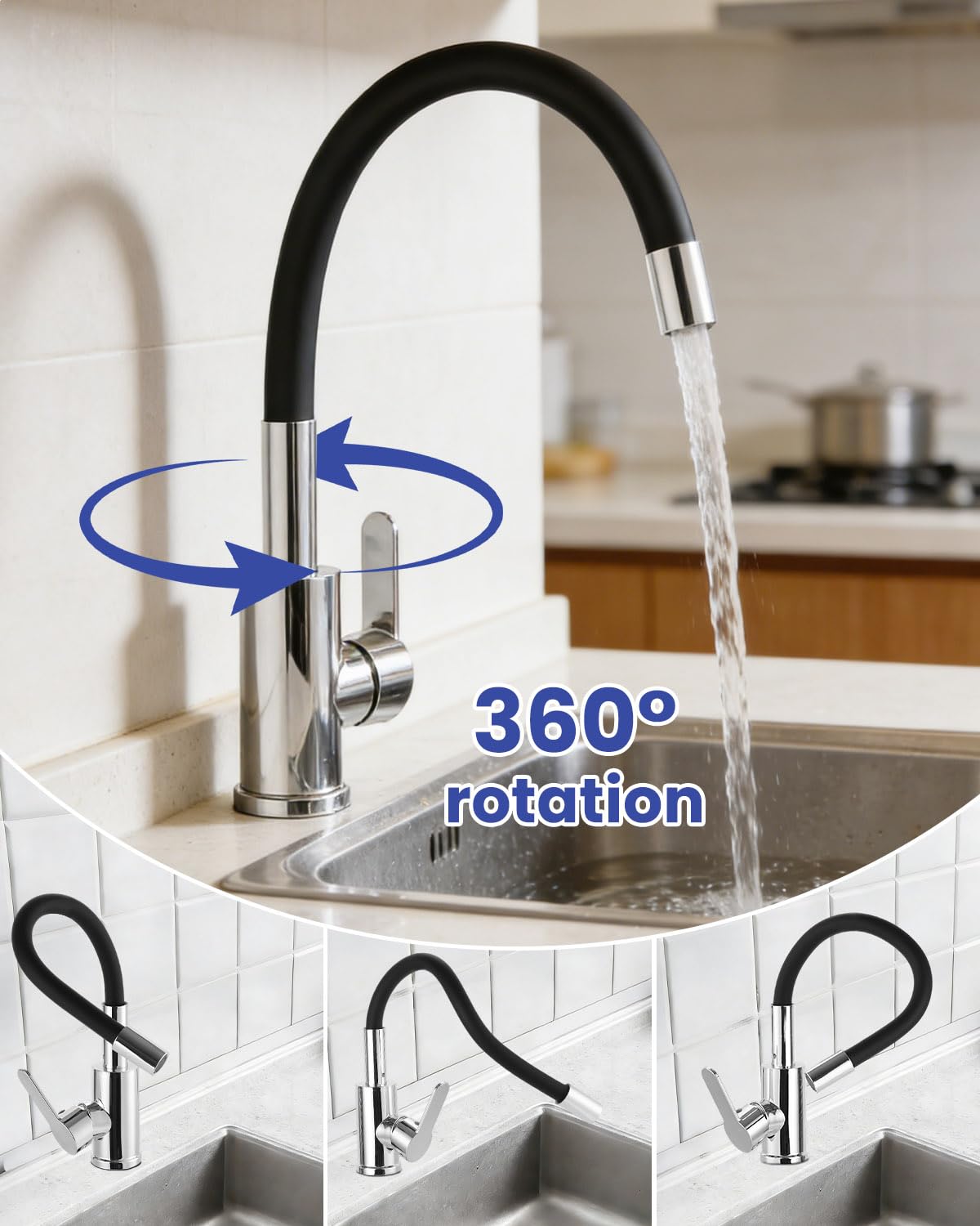 Grifo de Cocina Flexible Grifo de Fregadero de Cocina de Curva Alta Cozinha Monomando de Alta Presión, Giratorio 360°, con Filtro y Tubo de Silicona, Para Agua Caliente Y Fría