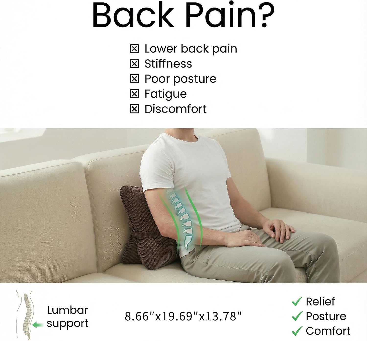 Condition photo showing New/Like New for pat. pend. corduroy lumbar support pillow for recliner, sitting & relaxing, triangle cushion for sofa, couch or bed, reading pillow with removable washable cover, chocolate chocolate standard
