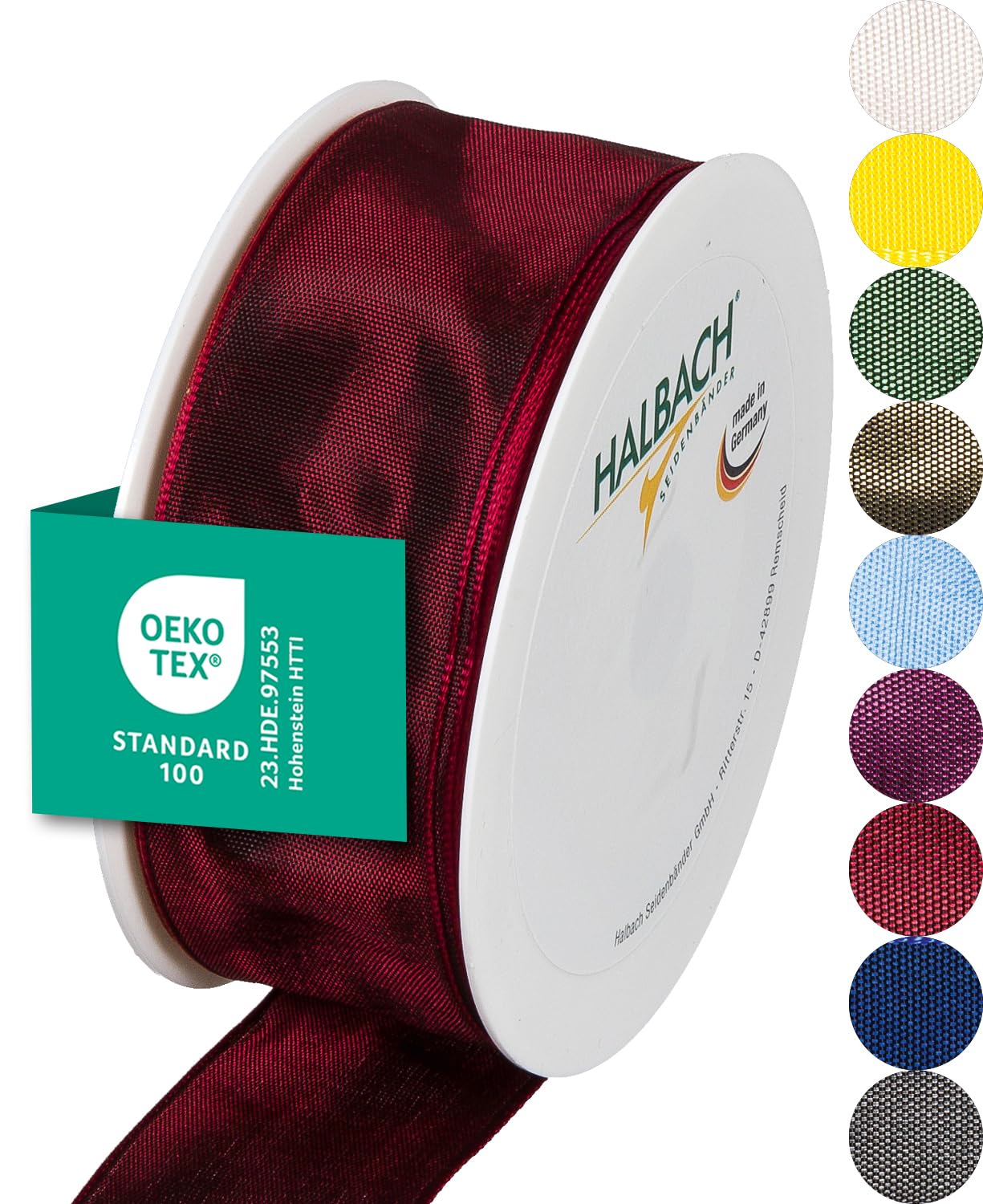 Halbach Seidenbänder Premium Geschenkband mit Drahtkante | Breite 40mm Länge 25m | Öko-Tex 100 zertifiziertes Schleifenband | Taftband Made in Germany, Farbe: dunkelrot