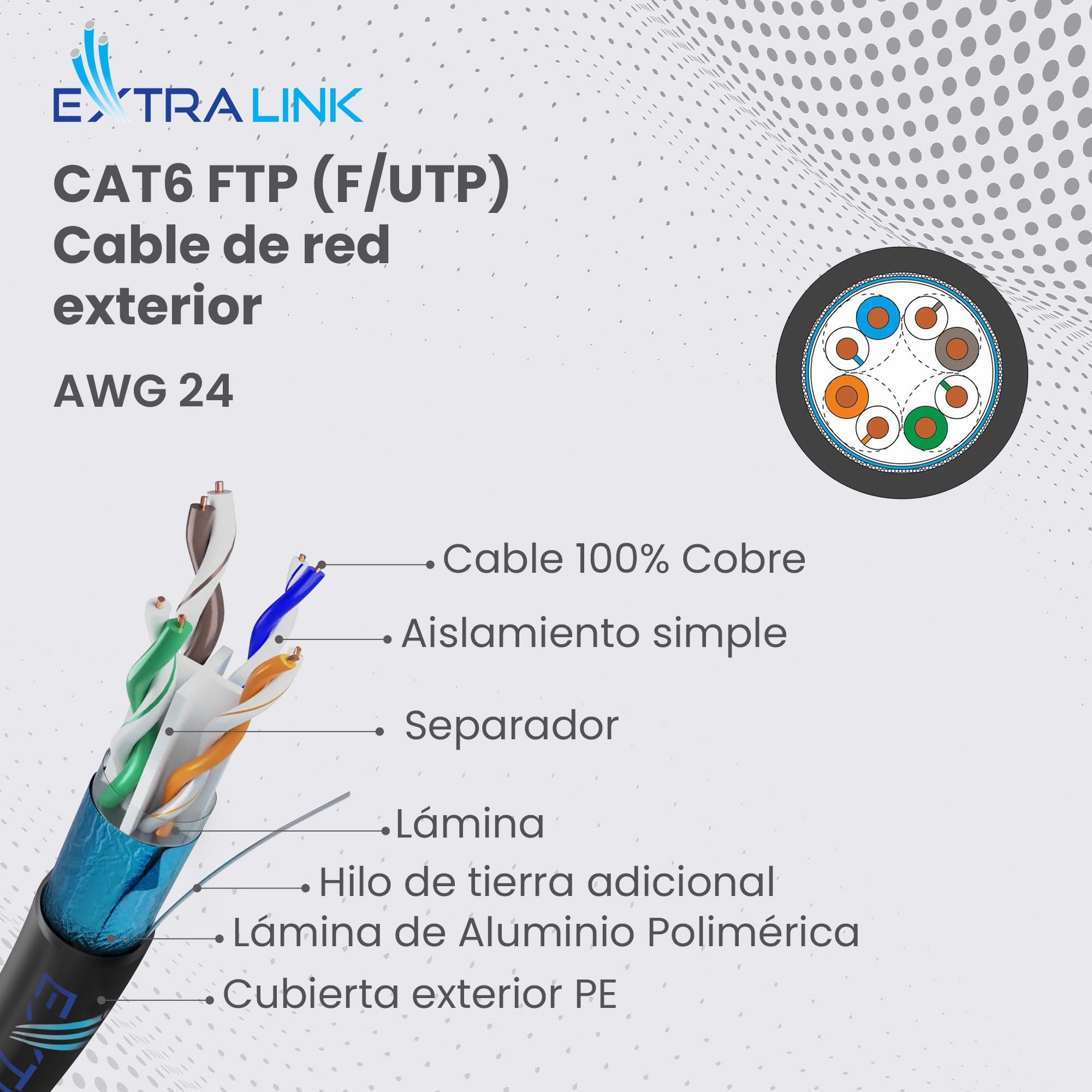 EXTRALINK Cable Ethernet 305M CAT6 para exteriores, Cable Red LAN – 100% cobre, F/UTP apantallado, compatible con PoE, UV resistente, con funda exterior de PE duradera y resistente a la intemperie