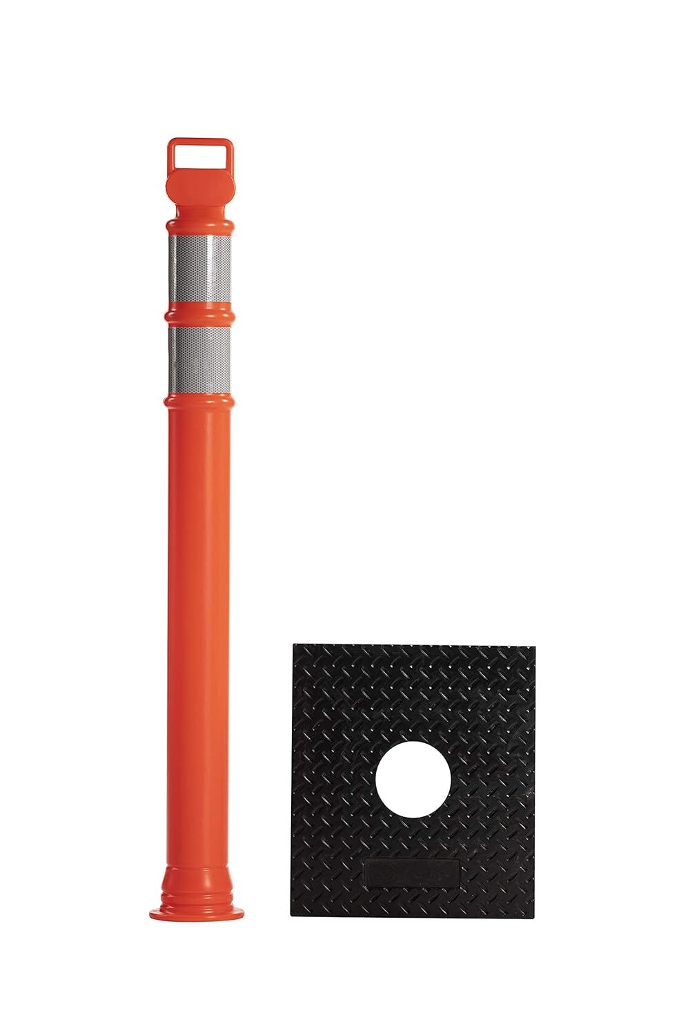 Crowd Control Warehouse White 45" Delineator Post with Base, 3" Reflective Collars, 10lb Rubber Base, Impact-Resistant LDPE (Low-Density Polyethylene) – Parking Cones, Road Cones, Traffic Barrier