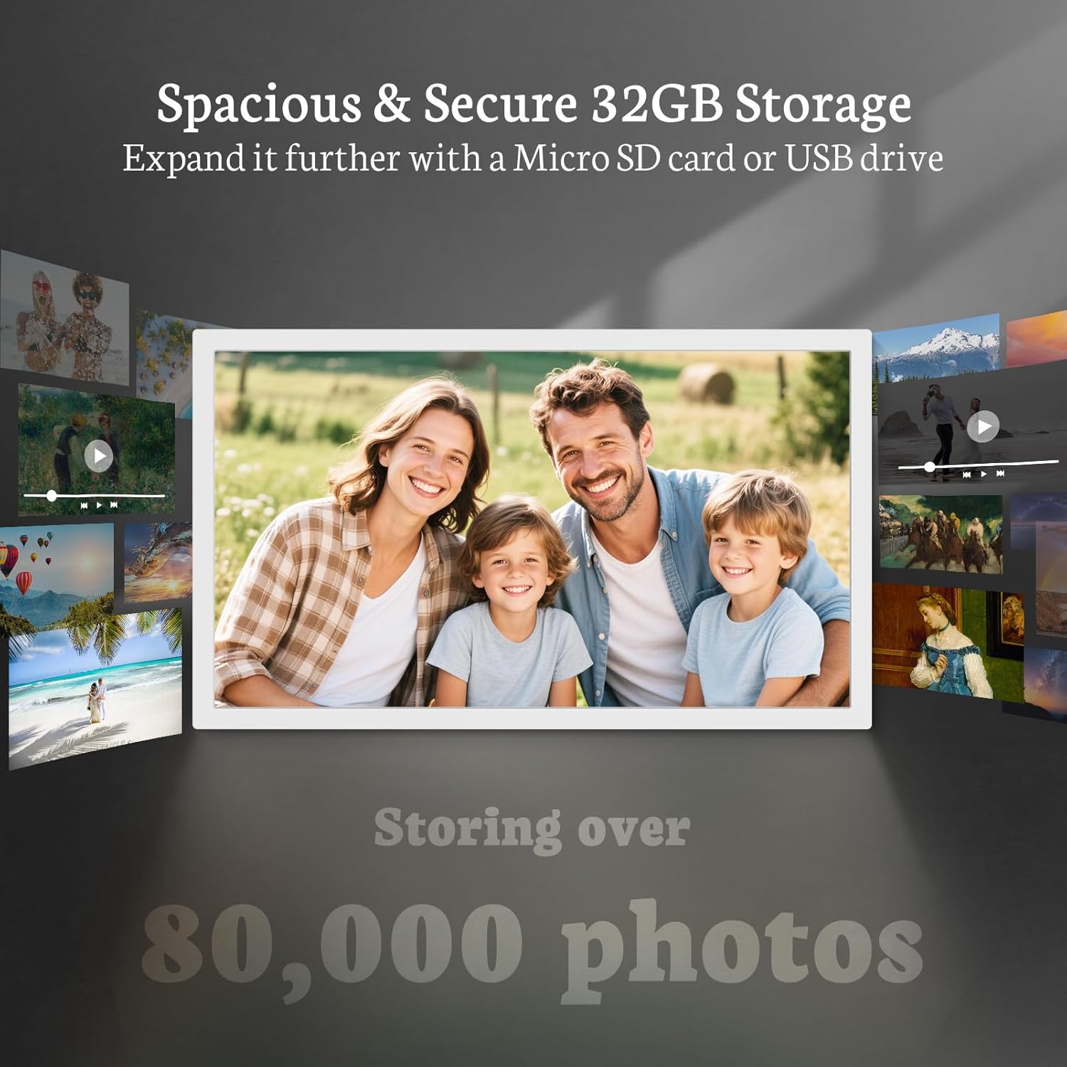 A digital picture frame displaying a family photo, surrounded by smaller images and video clips, with text indicating 'Spacious & Secure 32GB Storage' and 'Storing over 80,000 photos'.