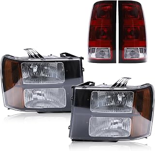 Headlight Taillight Combo Fit for 2007-2013 GMC Sierra 1500/2007-2014 Sierra 2500HD 3500HD, Replace# GM2502283 GM2503283 GM2800208 GM2801208, Headlamp w/o Bulb