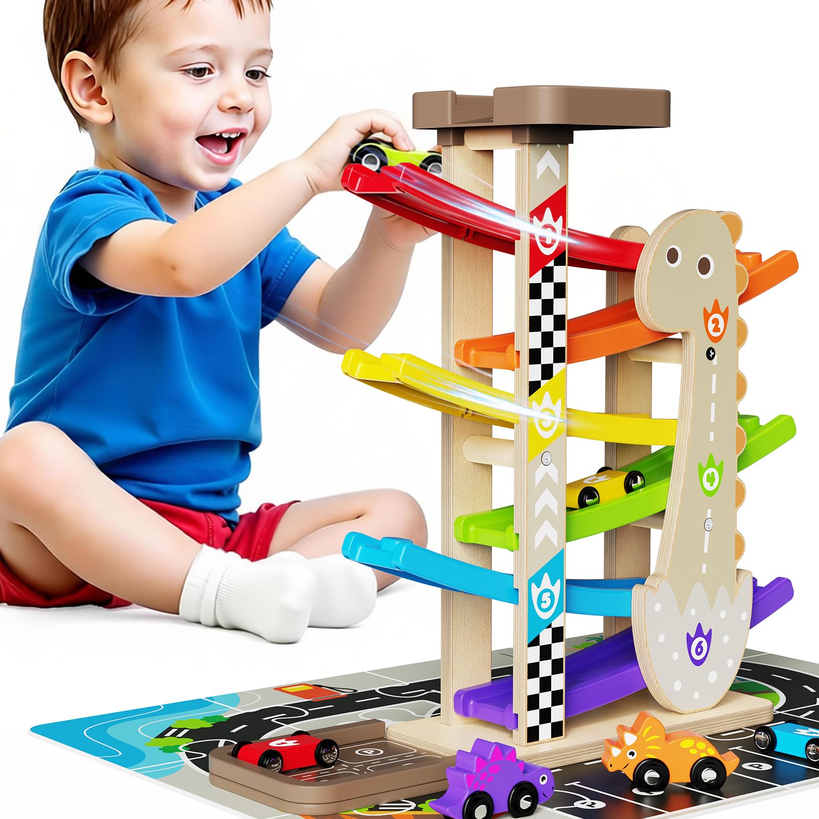 6X Kugelbahn Autorennbahn Holz ab 1+ Jahr Auto Rennbahn mit 6 Fahrzeuge Montessori Spielzeug Kinderspielzeug Holzspielzeug Baby Geburtstag Geschenk für Jungen und Mädchen 1+ Jahr