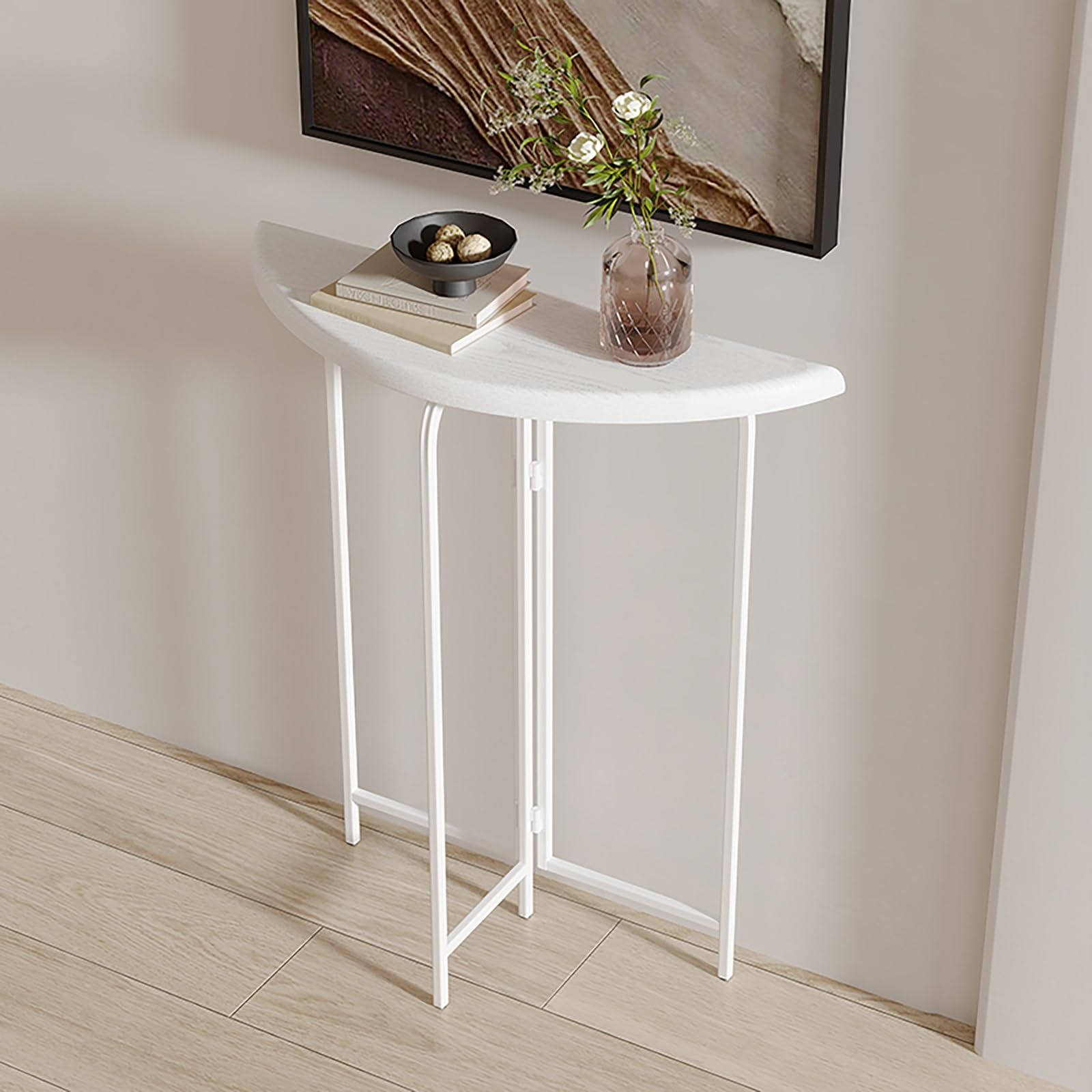 Mesa consola de madera maciza para solucionar la falta de espacio en recibidores estrechos