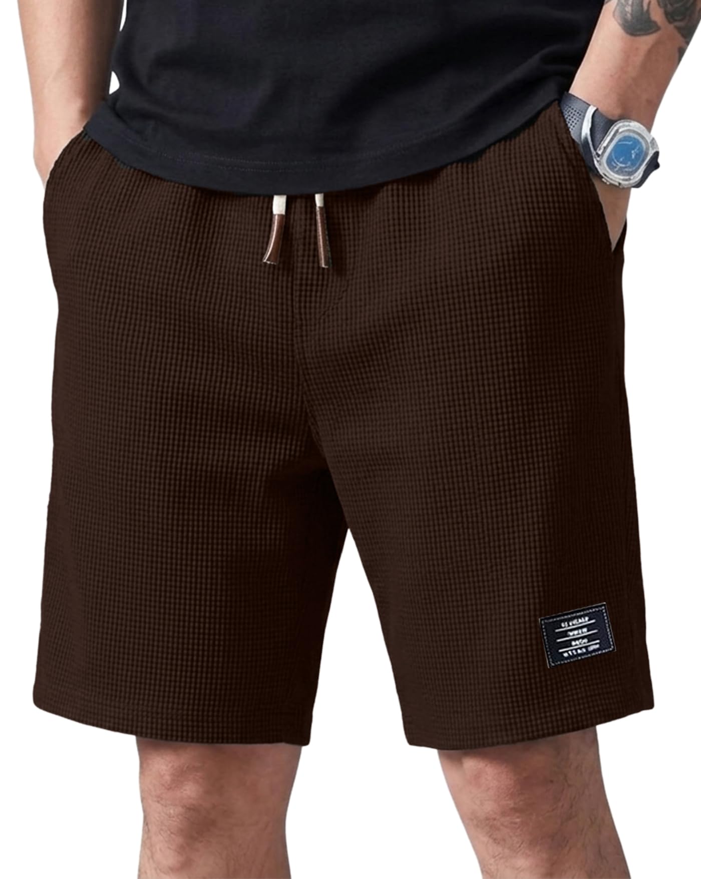 Men Solid Drawstring Waist Casual Knee Length Boxers, Solid Men Beige Basic Boxers-image-31