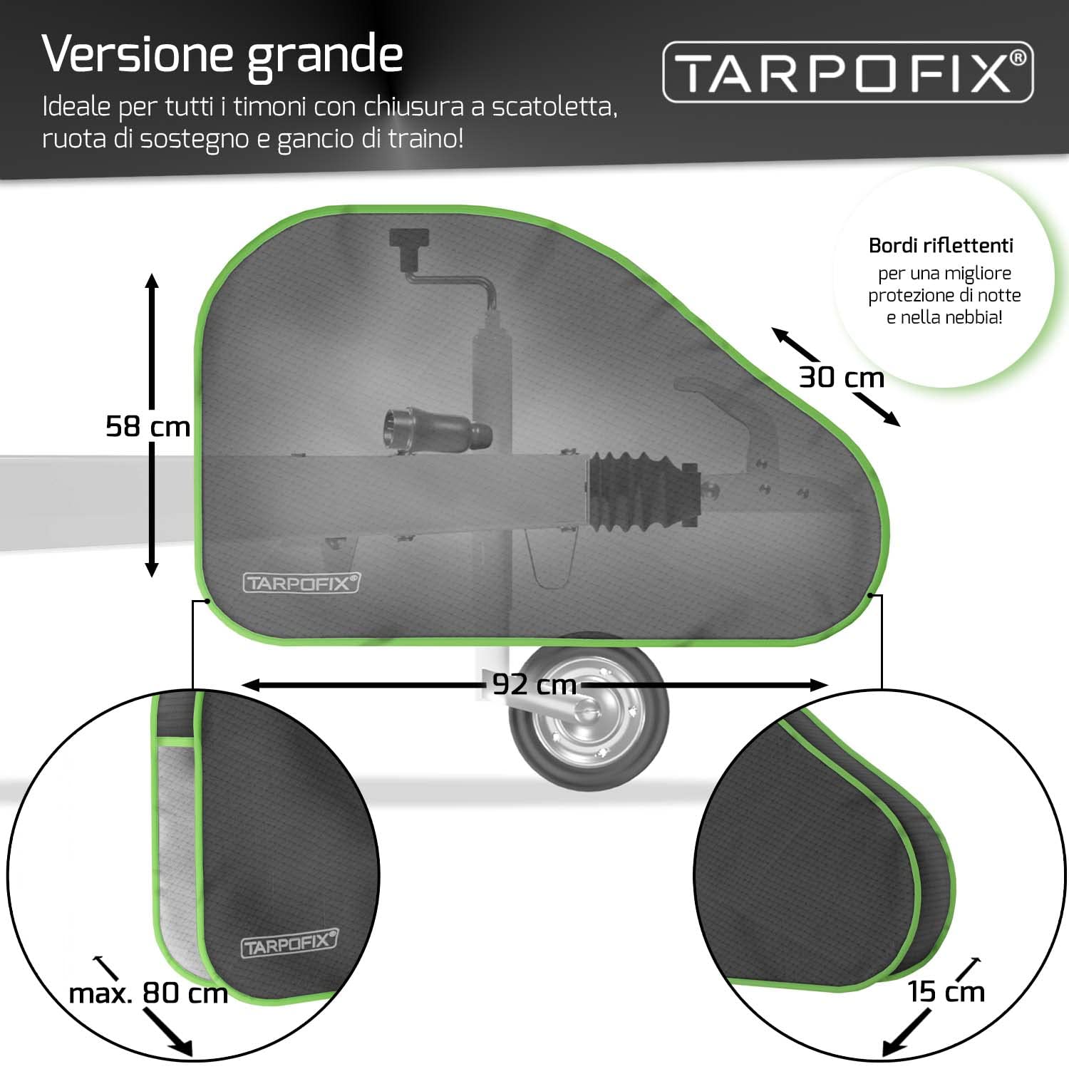 Tarpofix® Copritimone caravan con strisce riflettenti - Copri gancio roulotte universale per roulotte con doppia chiusura a scatto - Copri gancio traino per rimorchi con gancio