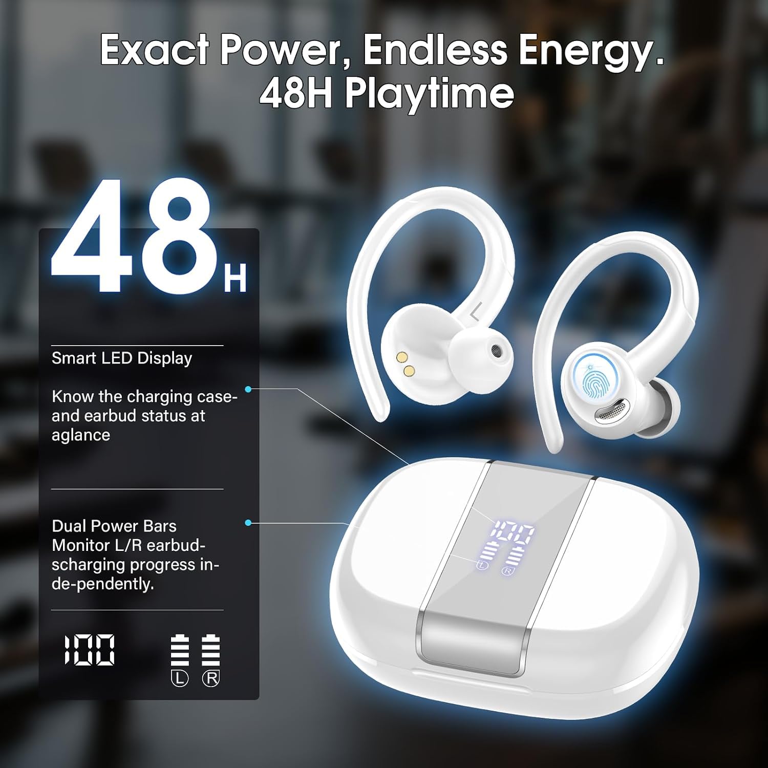 Csasan Auriculares inalámbricos Deportivos, Cascos Sonido Premium | 48H Bluetooth 5.3 Auriculares con HD Micrófono y Pantalla LED, Diseño de Gancho de Aire, iOS Android para Deportes, Blanco