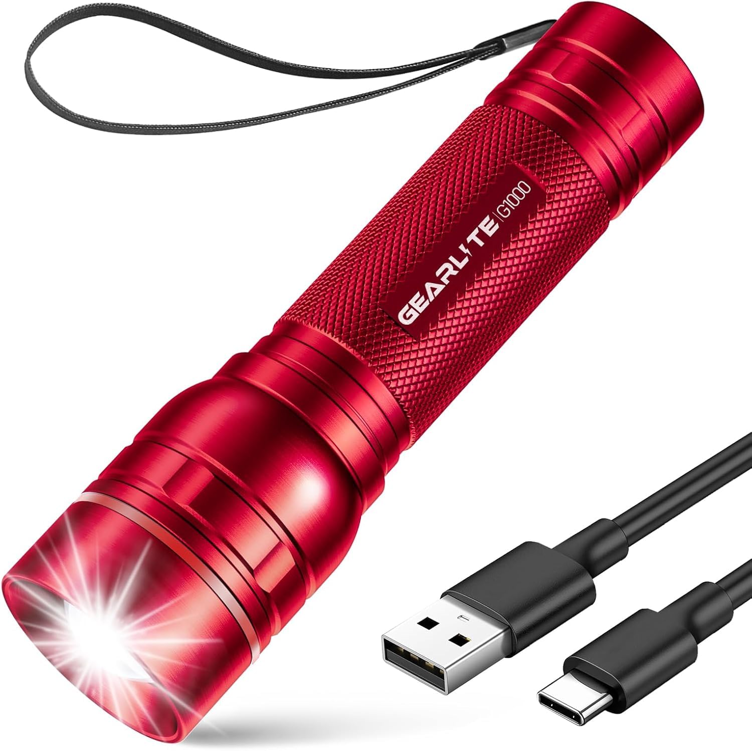 GEARLITE Rechargeable LED Torch, 2000LM Torches LED Super Bright with 3 Modes, Portable Small Torch with Battery, Waterproof Flashlight Zoomable for Power Cut, Emergency, Camping, Hiking, Outdoor-Red