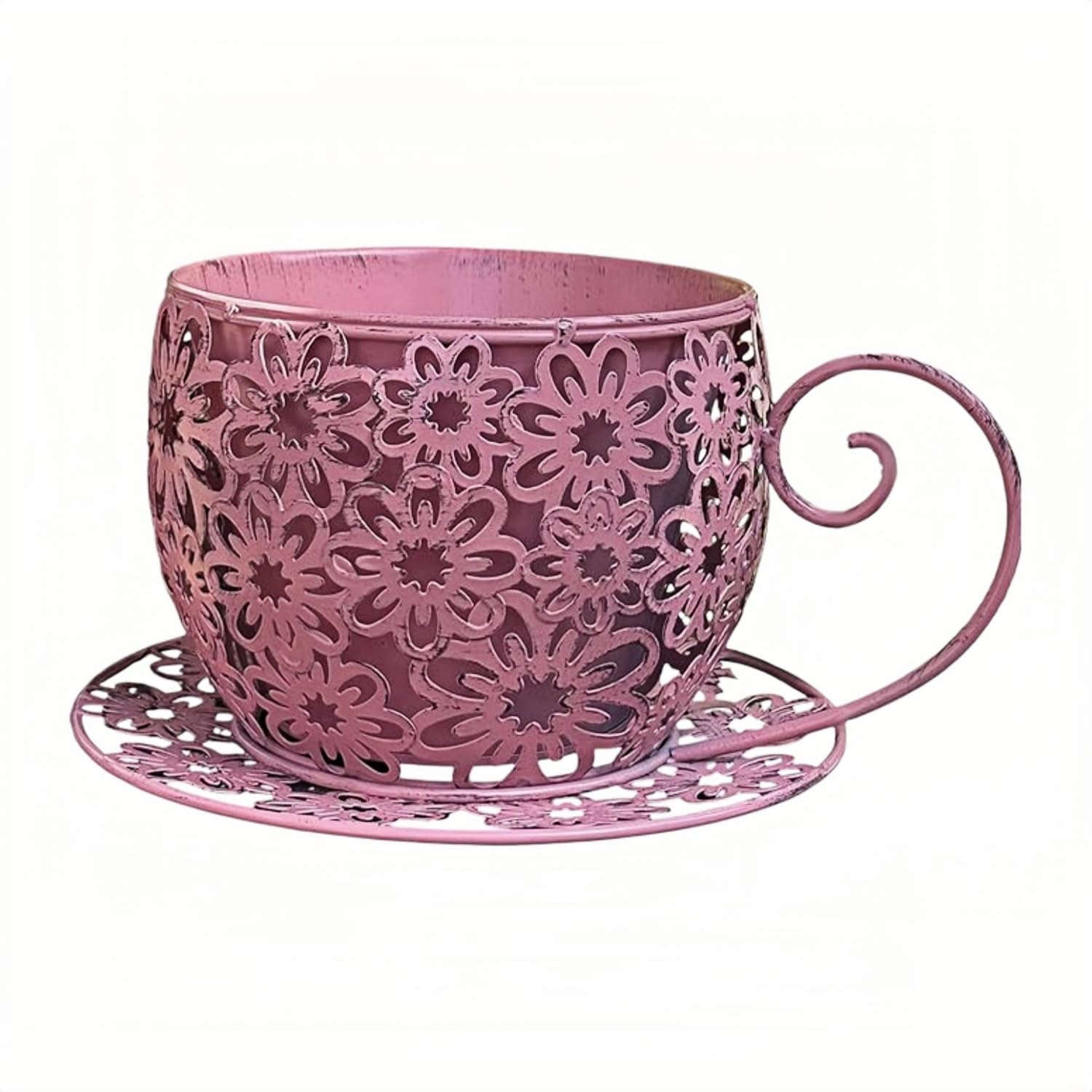 Easnea Rustic Iron Tea Cup Planters Coffee Cup Planter Teacup Flower Pot Garden Planter Vintage Succulent Plant Holder with Saucer, Funny Gardening Planter for Indoor Outdoor Use, Pink