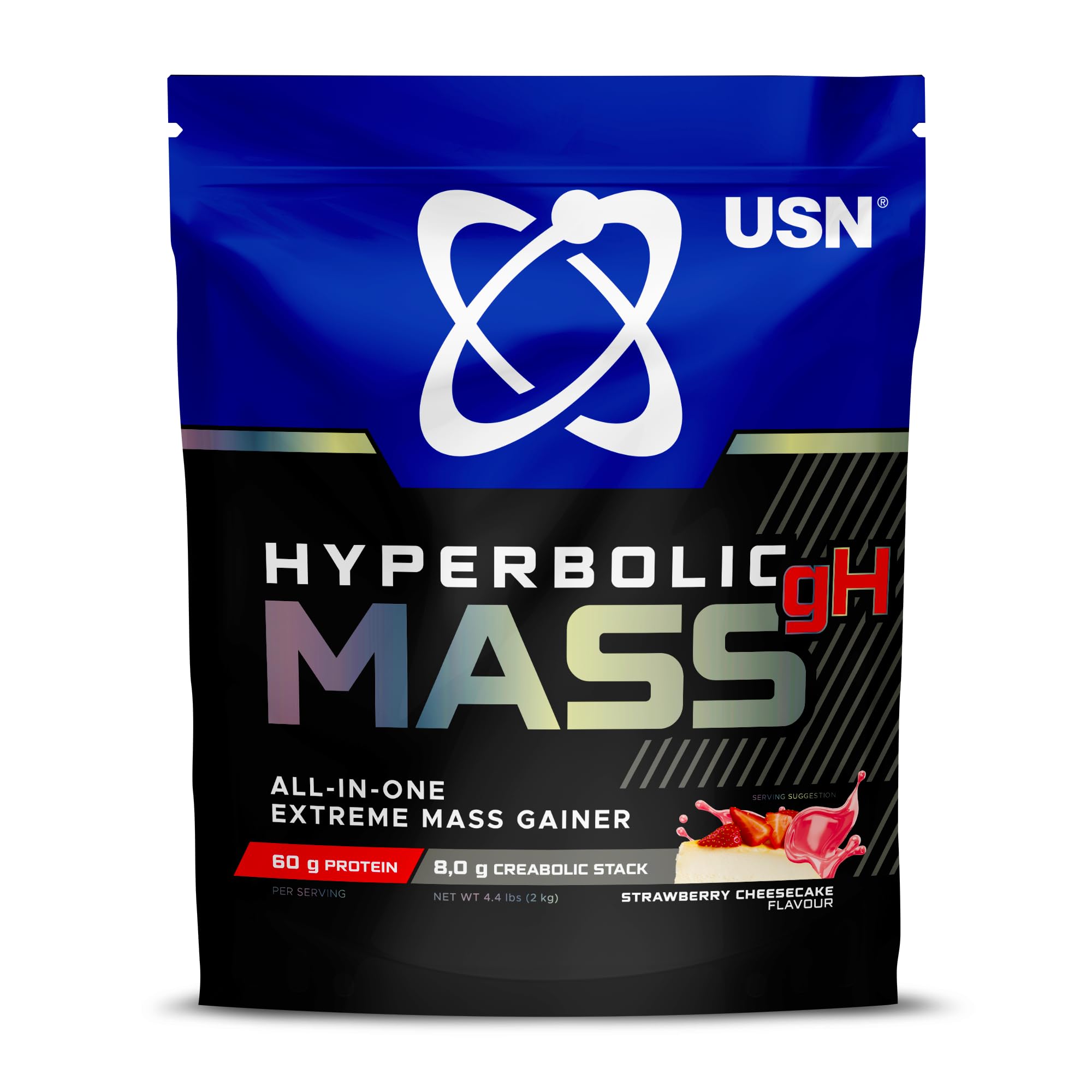 USN Hyperbolic Mass GH 4kg, High Calorie Mass Gainer Protein Powder with Added Creatine and Vitamins (2 KG, STRAWBERRY CHEESCAKE)